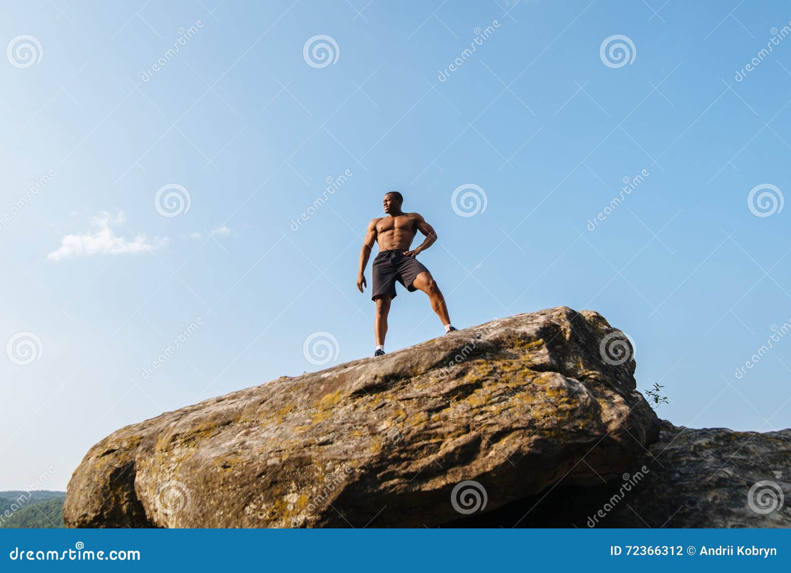 Portrait of Strong Black African American Man Bodybuilder with Naked Torso  Posing on the Rock. Blue Cloudy Sky Stock Photo - Image of green, body:  72366312