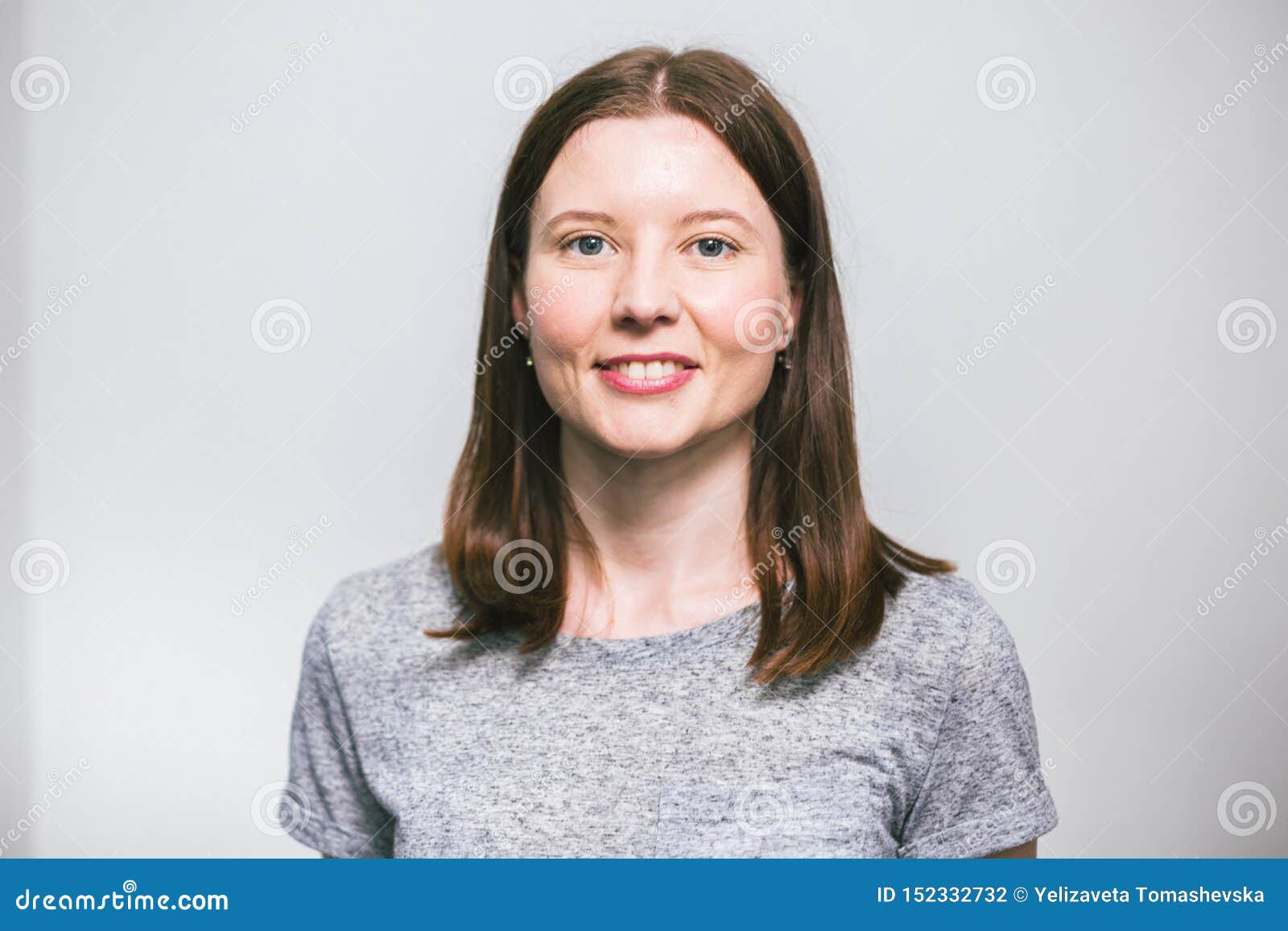 Portrait of Stylish Young Pretty Caucasian Woman Smiling in Grey T ...