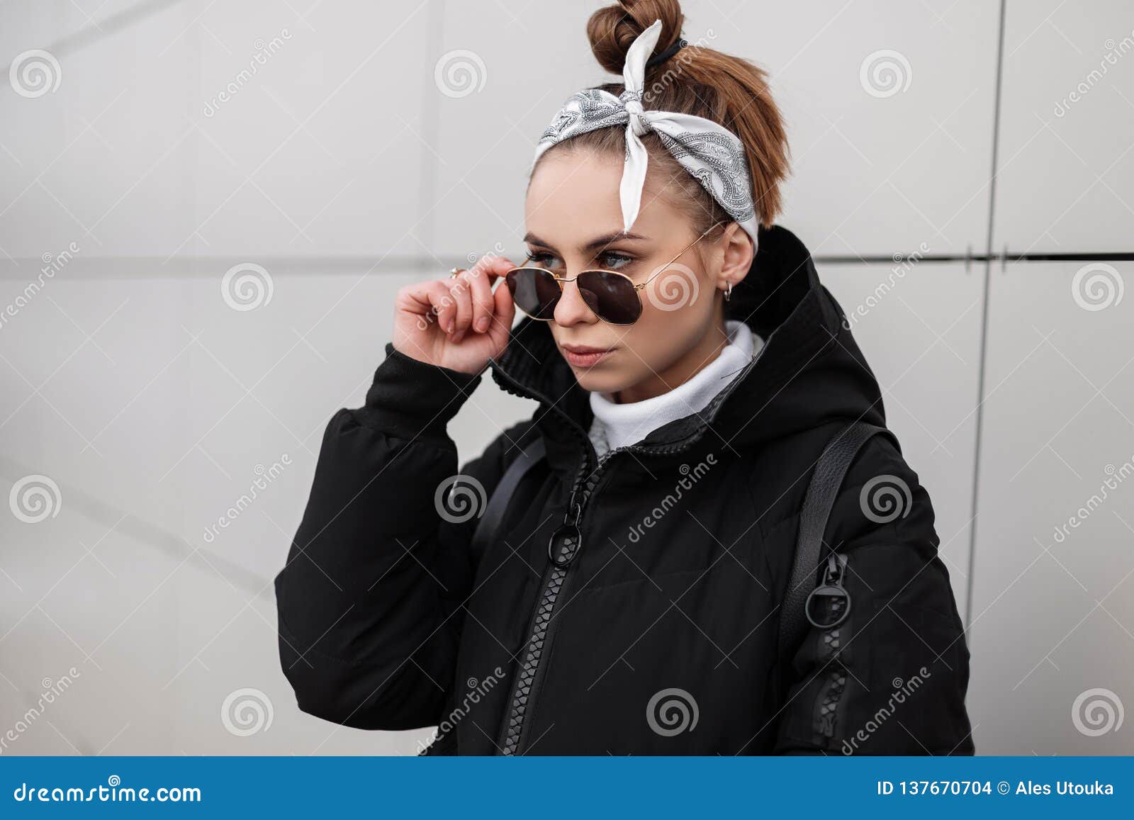Portrait of a Stylish Young Woman Hipster with Beautiful Eyes with a ...