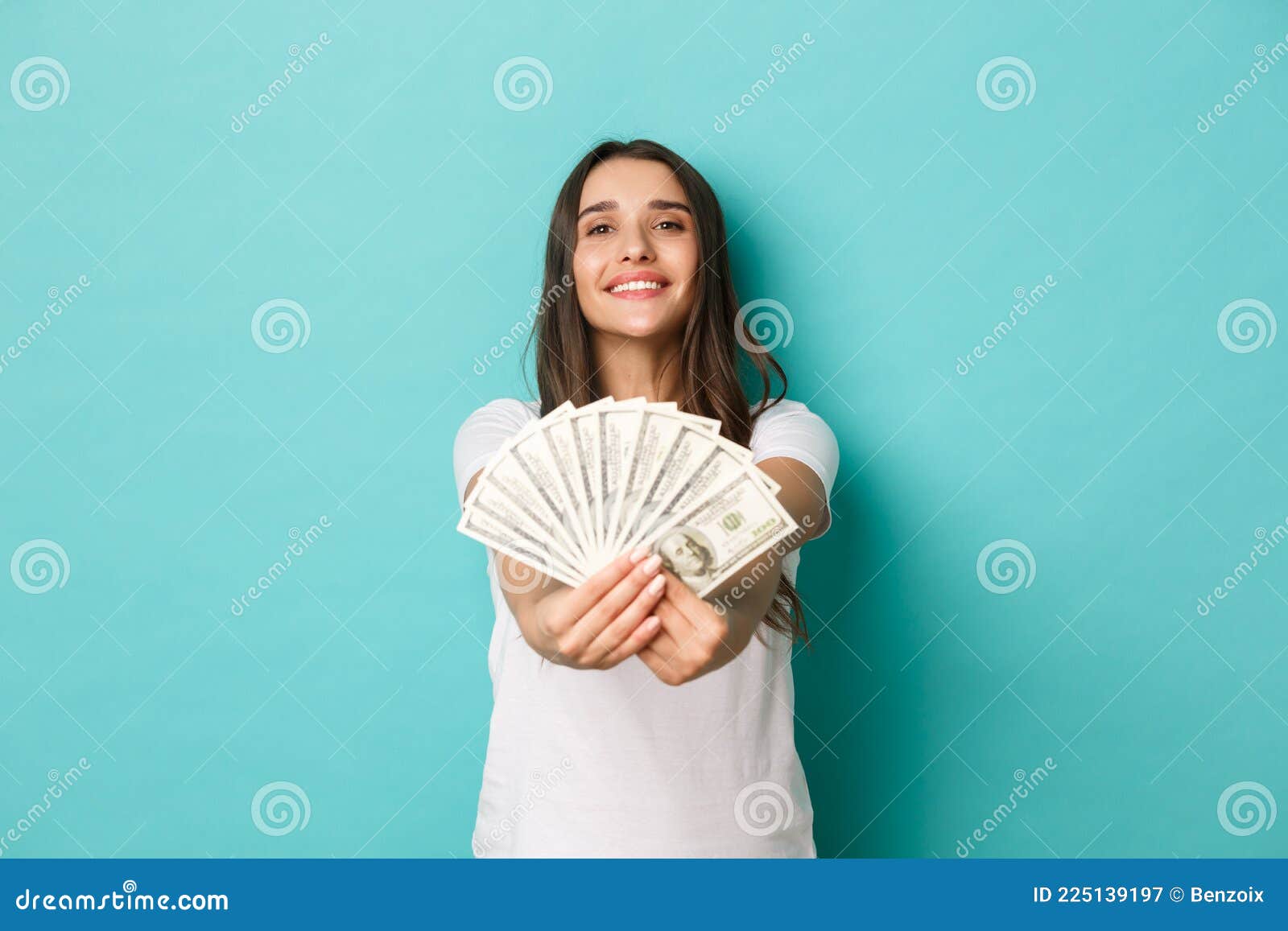 Portrait of Successful and Happy Woman, Wearing White T-shirt, Giving ...