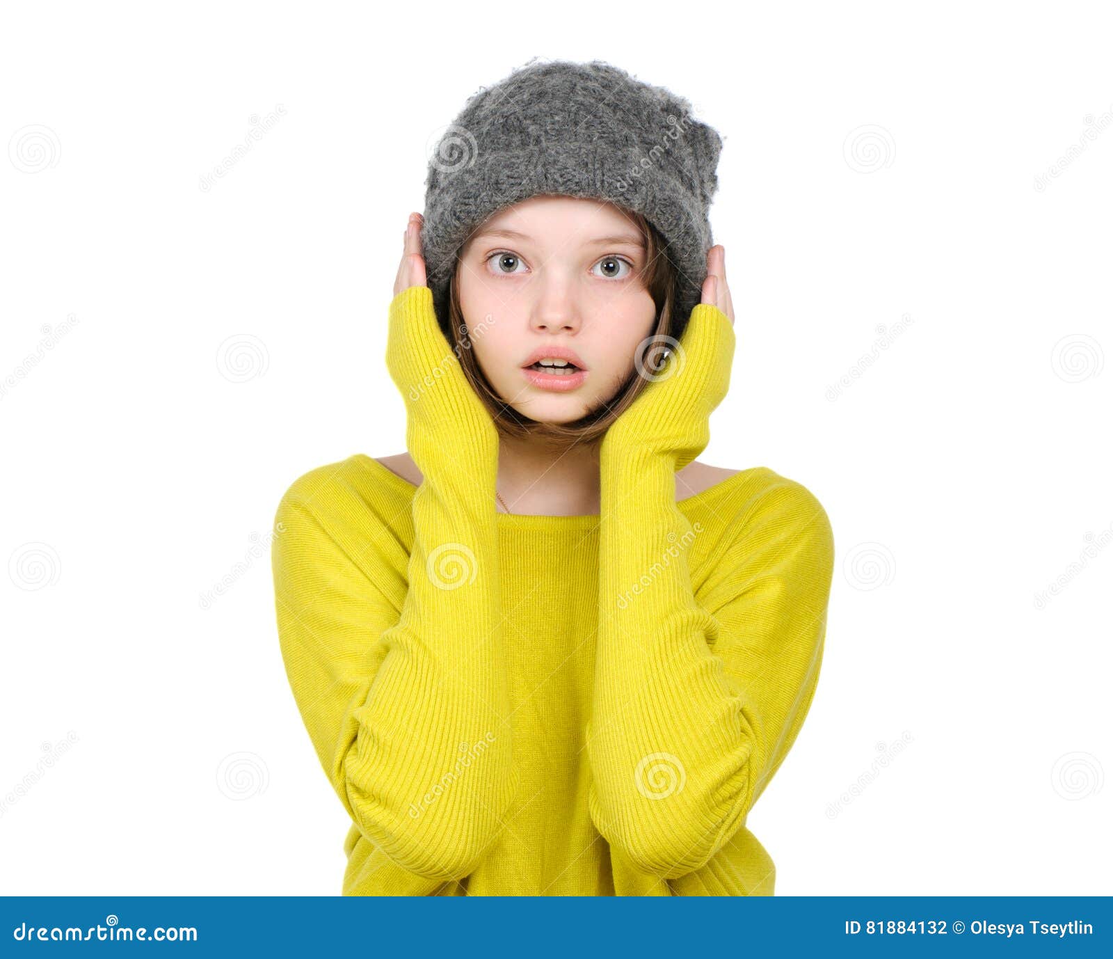 Portrait of Surprised Frightened Teen Girl in a Knitted Hat an Stock ...