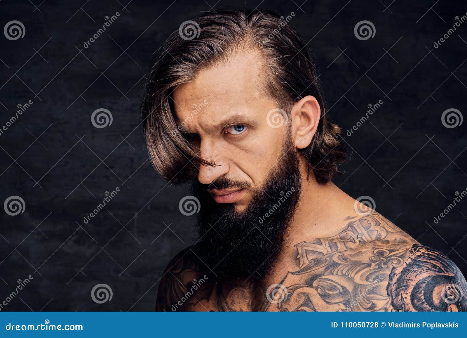 Portrait of Tattooed Shirtless Bearded Male. Stock Photo - Image of masculinity, body: 110050728