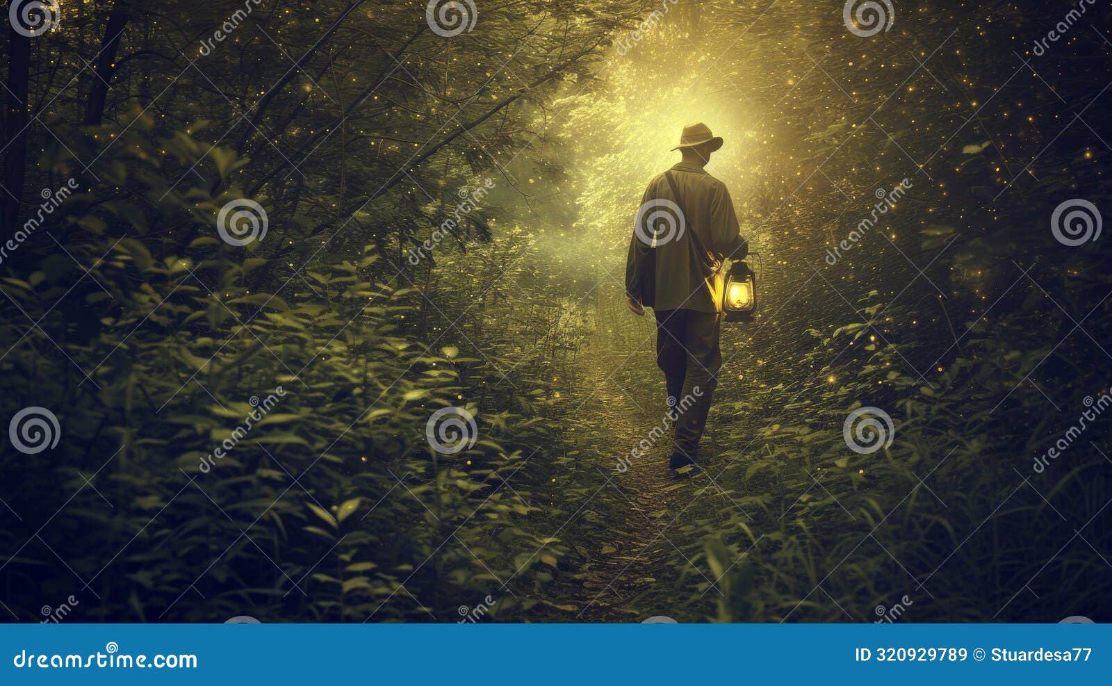man walking with lantern in enchanted forest