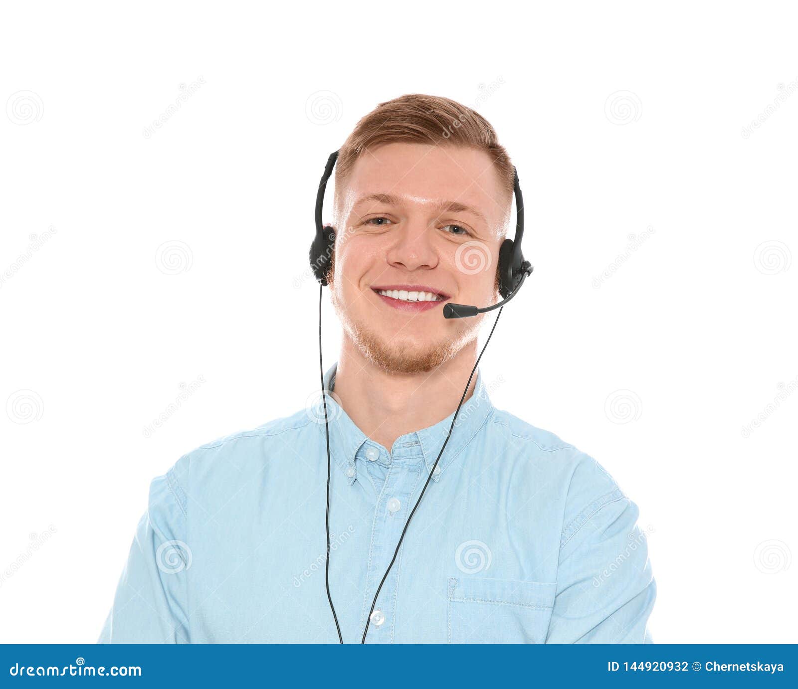 Portrait of Technical Support Operator with Headset on White Stock