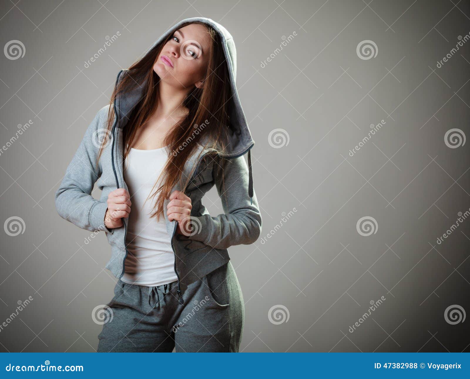 Portrait of Teen Girl in Hooded Sweatshirt Stock Photo - Image of gray ...