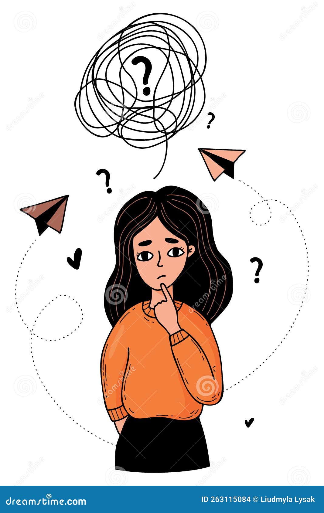Portrait Thoughtful Confused Girl, Confused Thoughts and Tangled Tangle