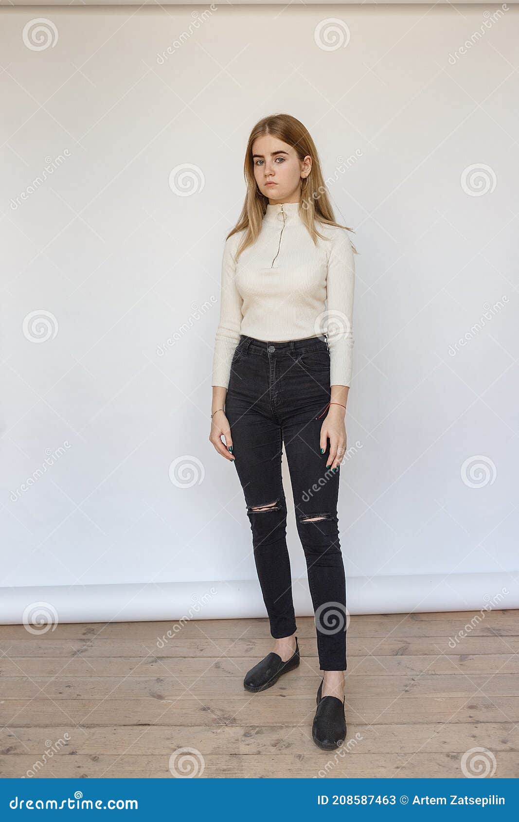 Portrait of Young Thoughtful Teen Model Wearing White Sweater and ...