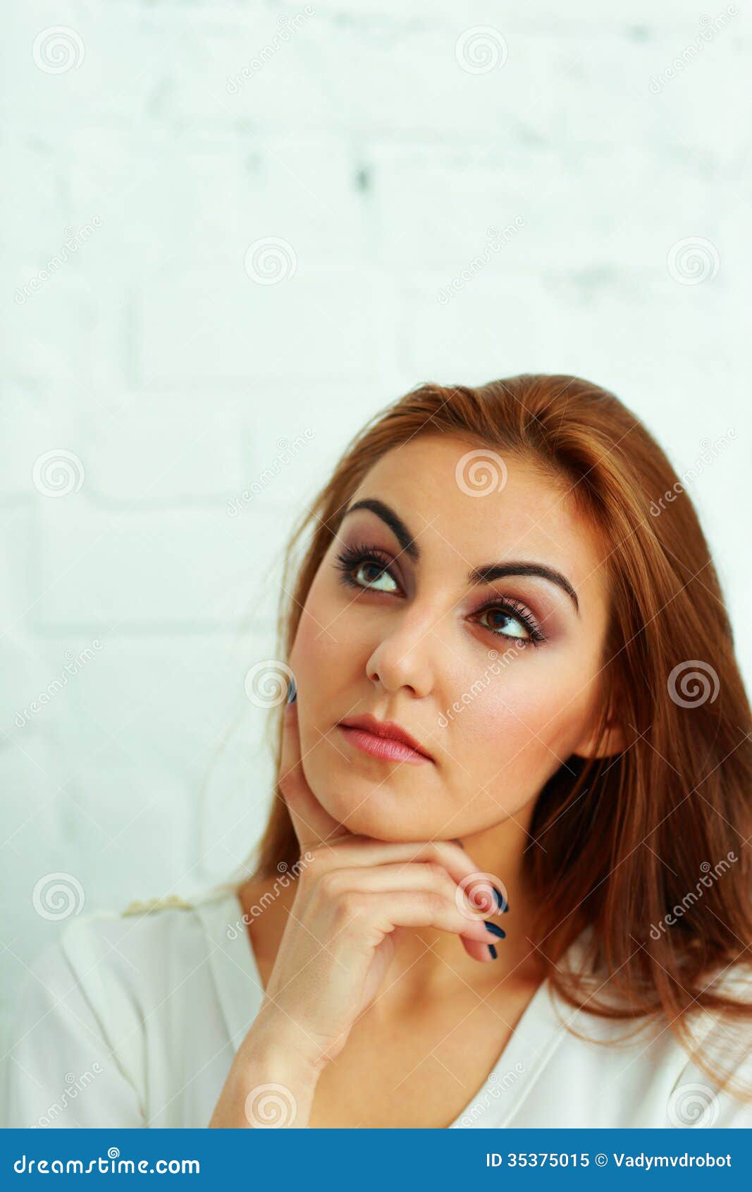 Portrait Of A Thoughtful Woman Looking Up Stock Image Image Of 