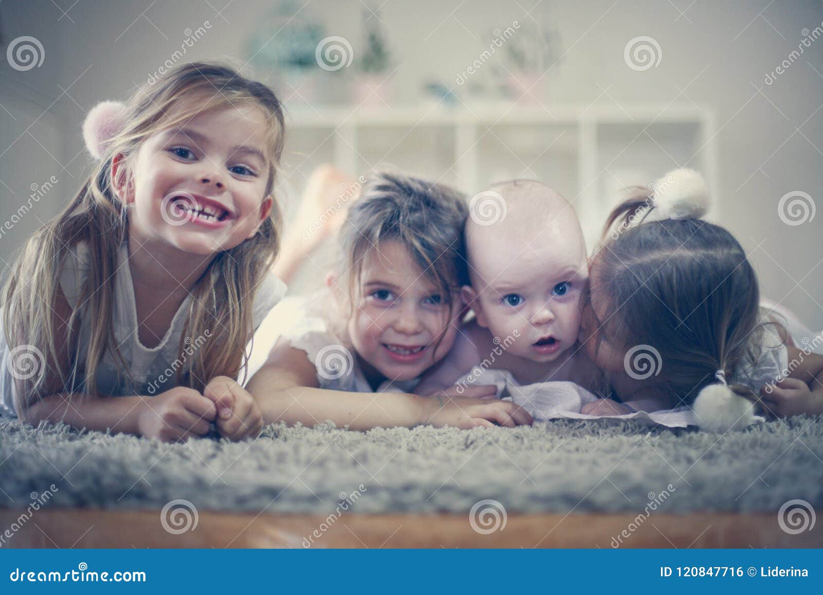 Portrait Three Sisters with Baby Brother. Close Up Stock Photo ...