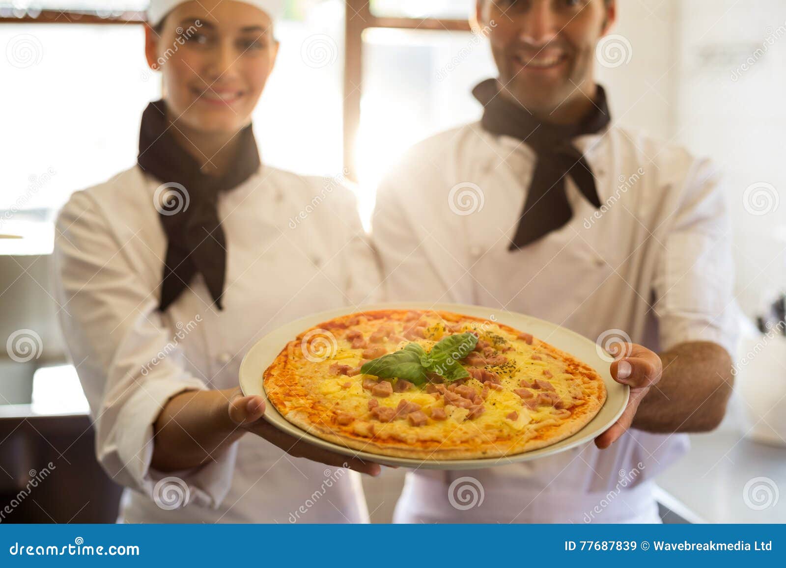 Portrait of Two Chef Presenting a Pizza Stock Image - Image of plate ...