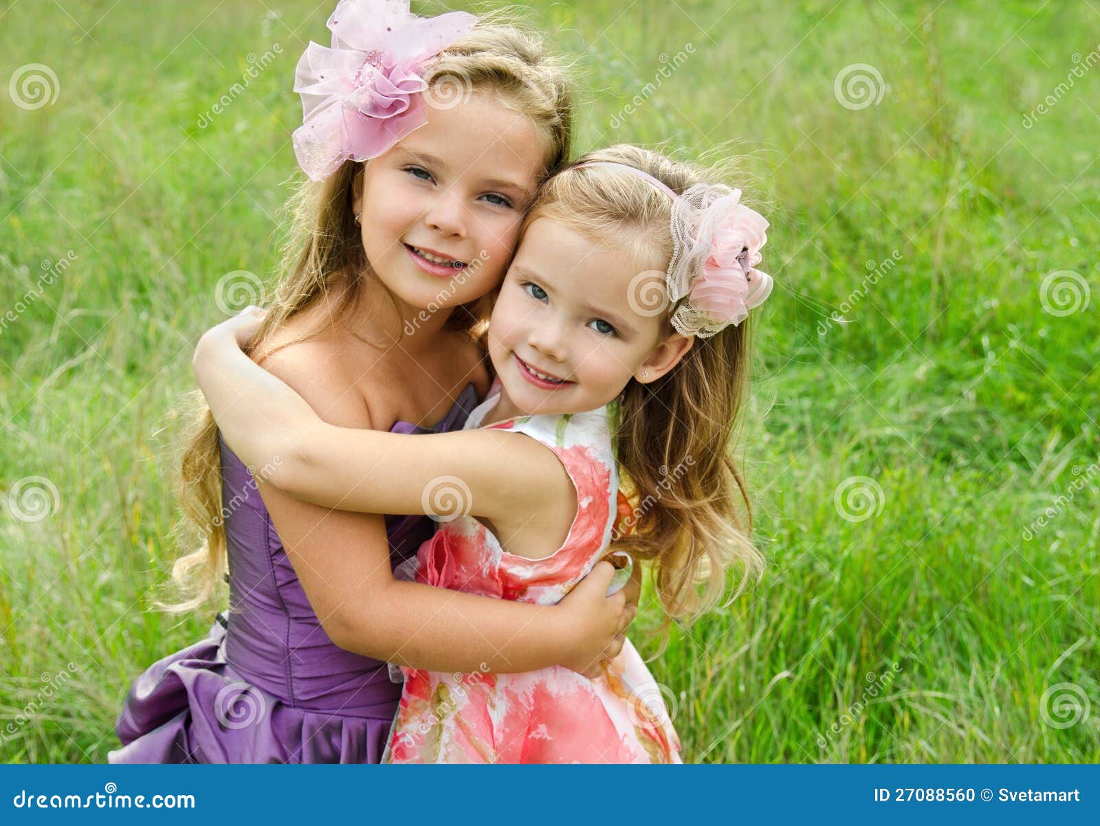 Portrait of Two Embracing Cute Little Girls Stock Photo - Image of ...