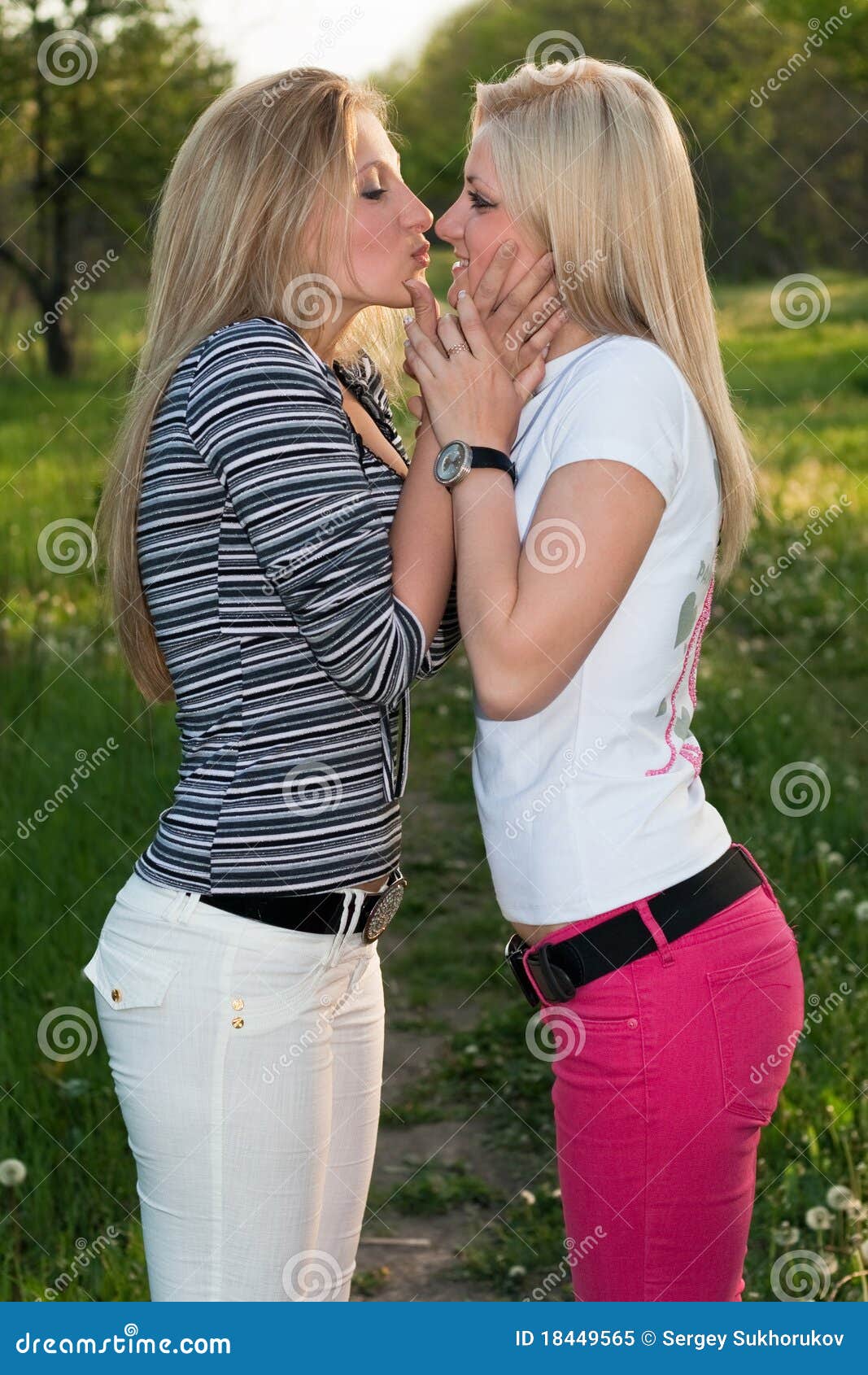 Portrait Of Two Playful Kissing Blonde Stock Image Image Of Person Cute 18449565 