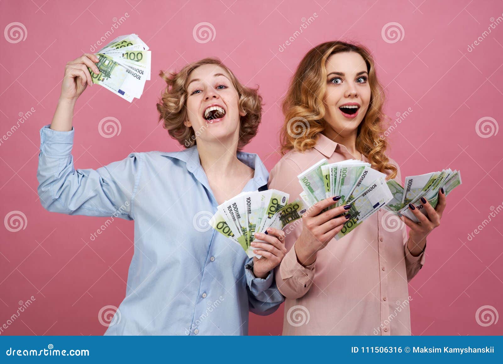 Portrait of Two Young European Girls with Cash Euro in Hand and Happy ...