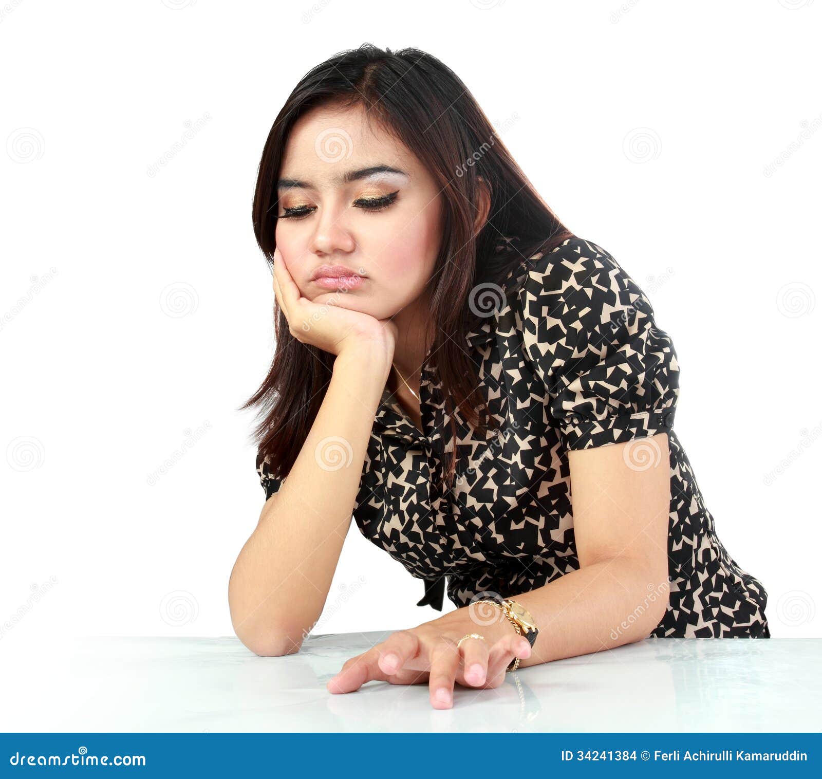 Portrait Of Unhappy Beautiful Asian Woman With Face Resting On H Stock ...