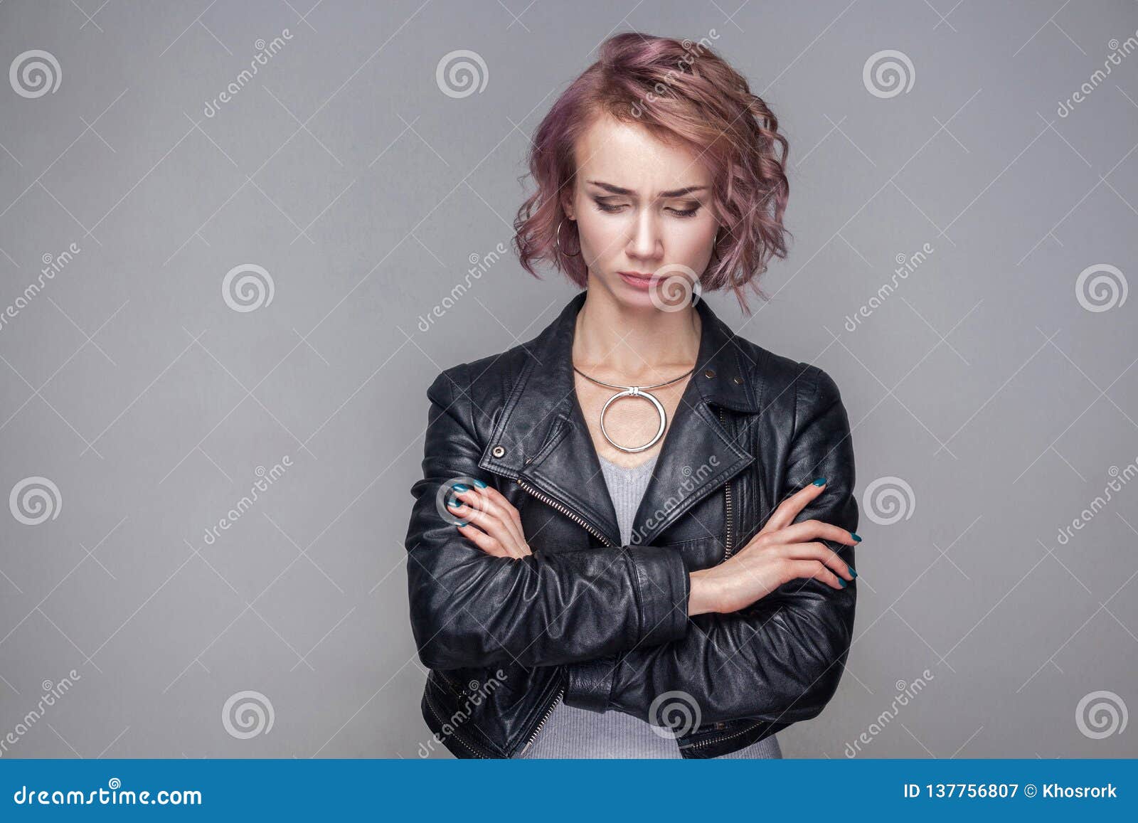 Portrait of Unhappy Sad Beautiful Girl with Short Hairstyle and Makeup ...