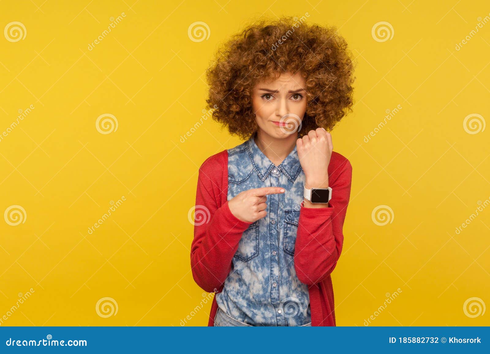 Portrait of Upset Impatient Woman with Curly Hair Showing Wrist Watch ...