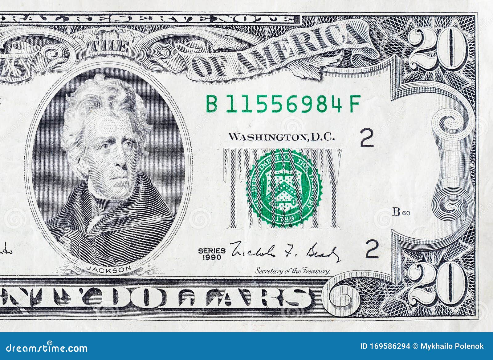 portrait of us president andrew jackson on 20 dollars banknote closeup macro fragment