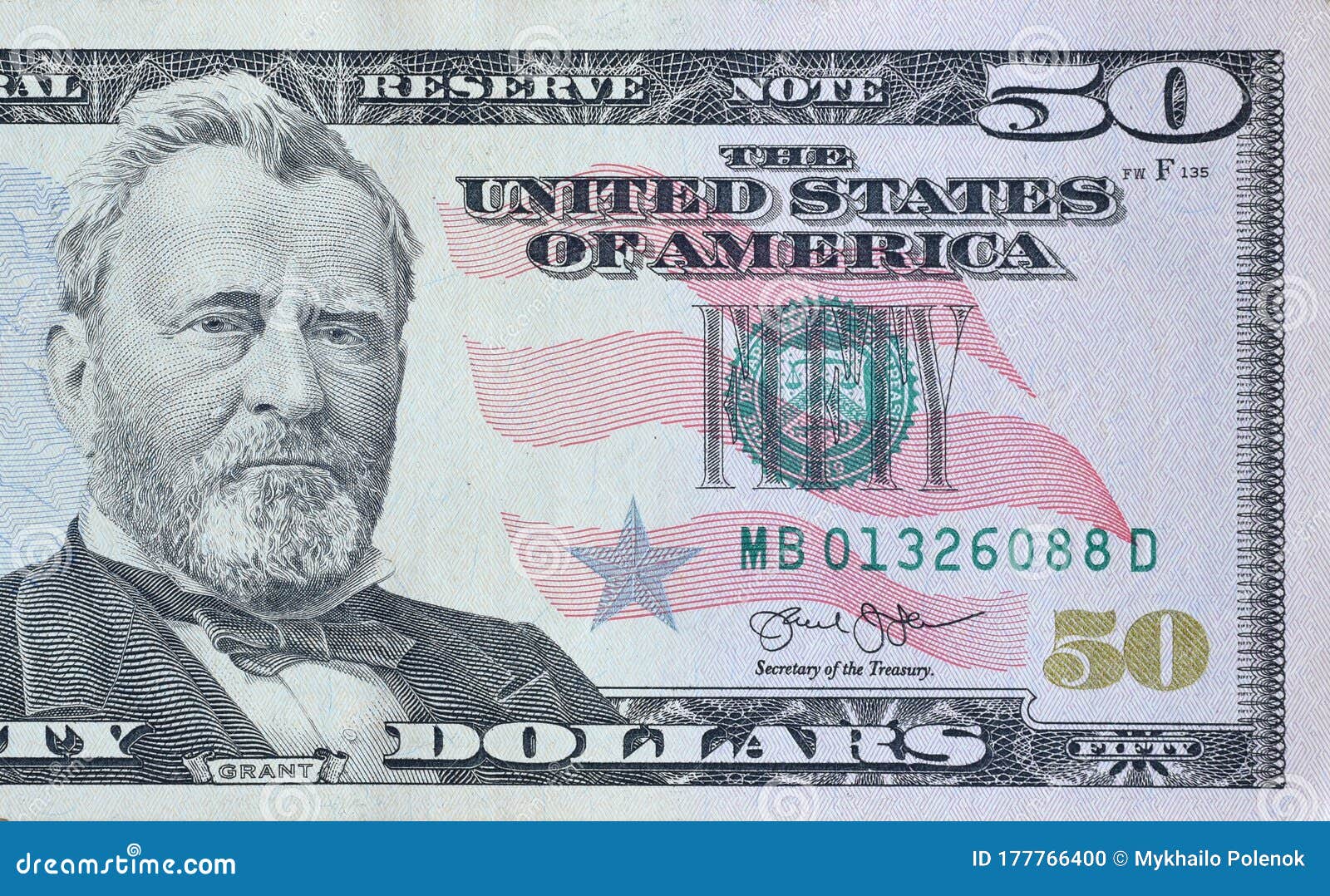 Portrait of US president Ulysses Simpson Grant on 50 dollars