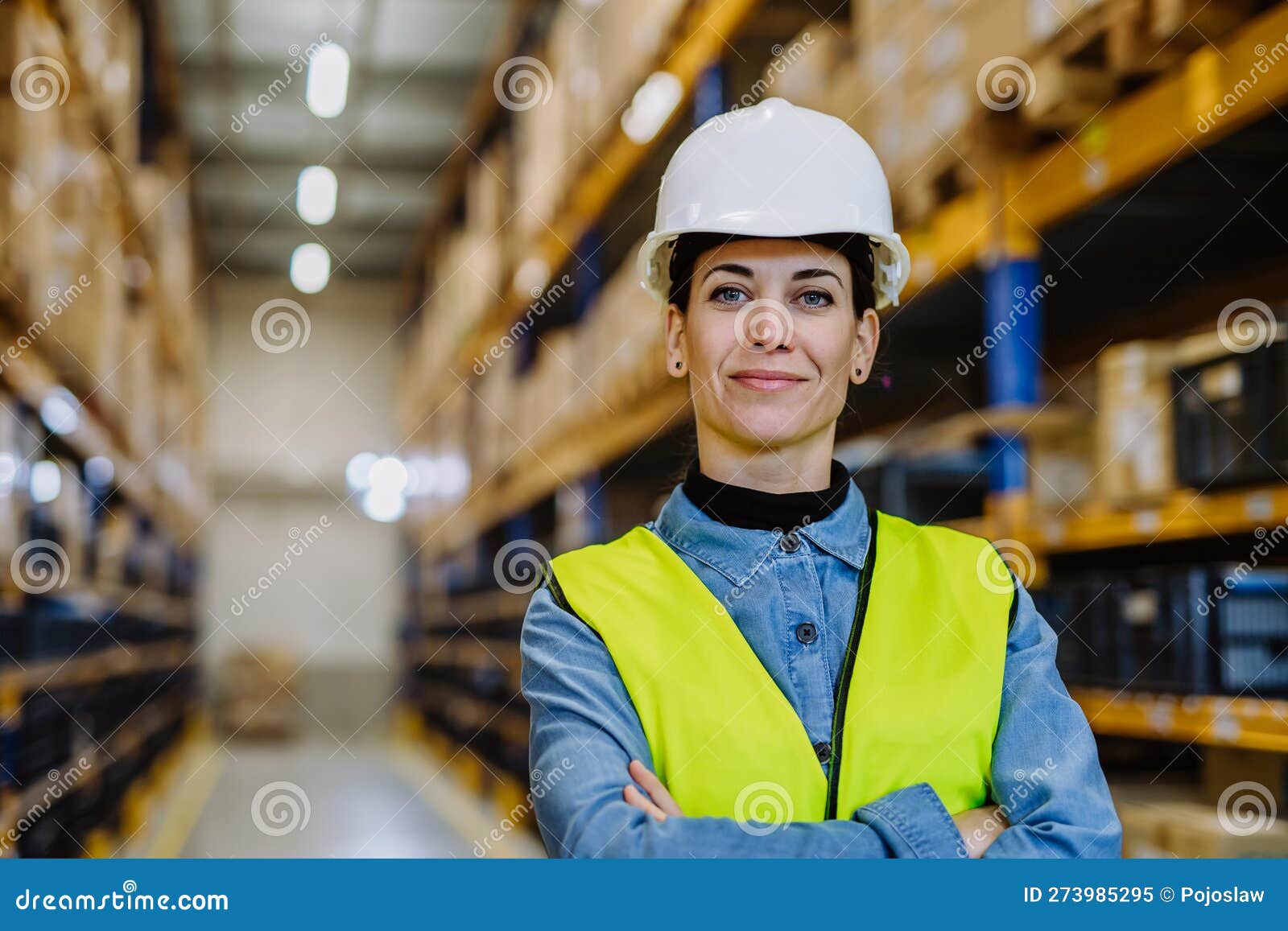Portrait of Warehouse Female Worker in Reflective Vest. Stock Image