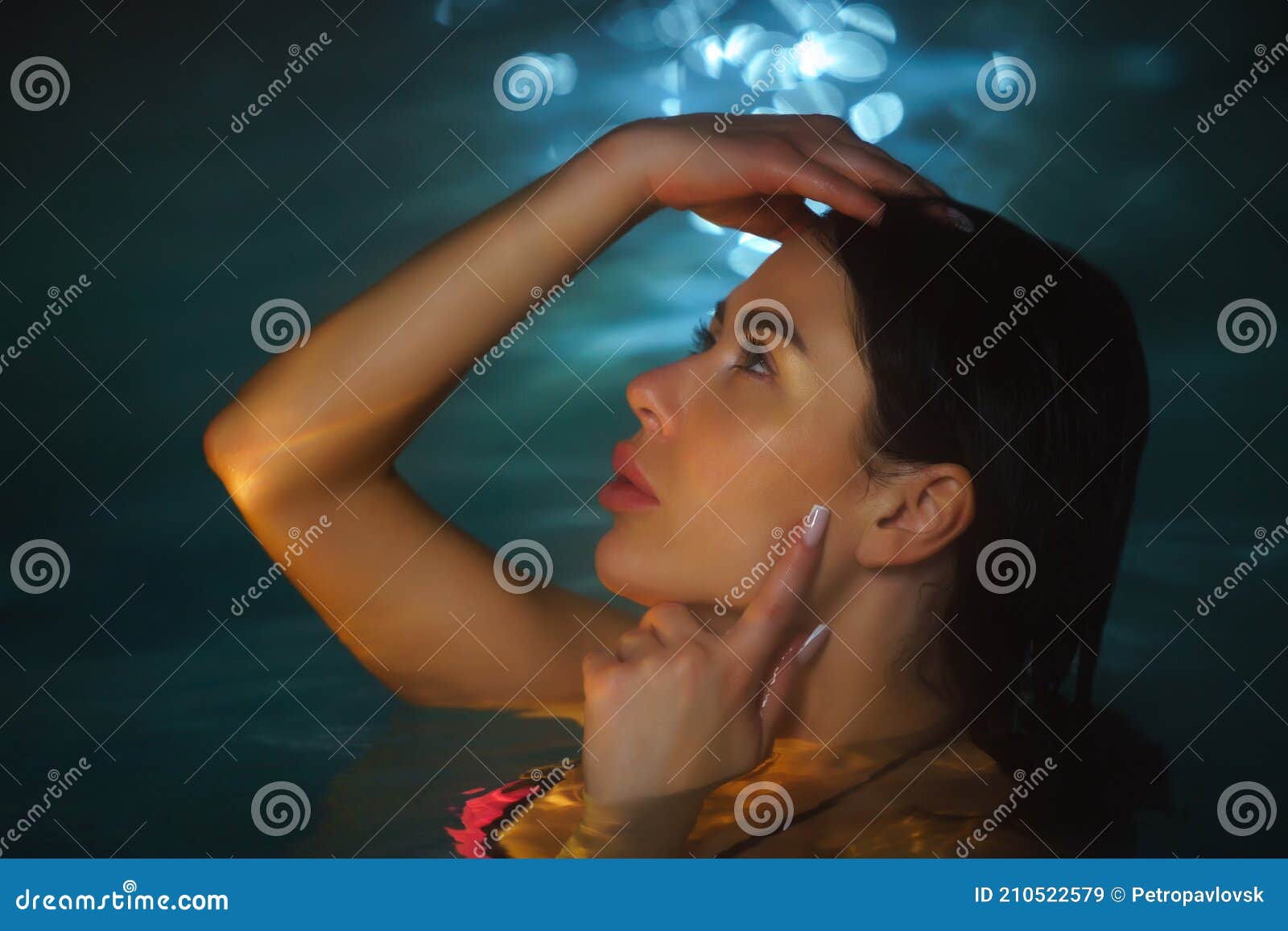 portrait woman bathing in pool with geothermal water balneotherapy spa, hot springs resorts at night