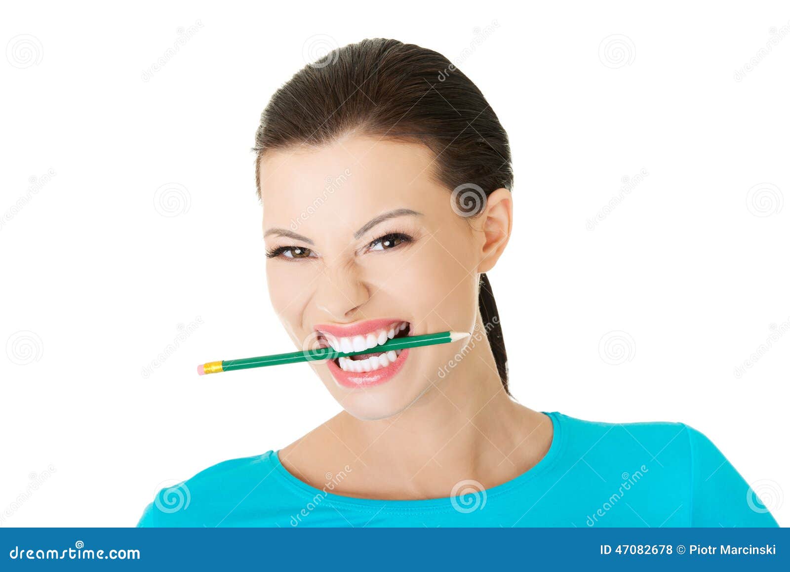 Portrait of a Woman Biting Her Pencil Stock Photo Image of biting
