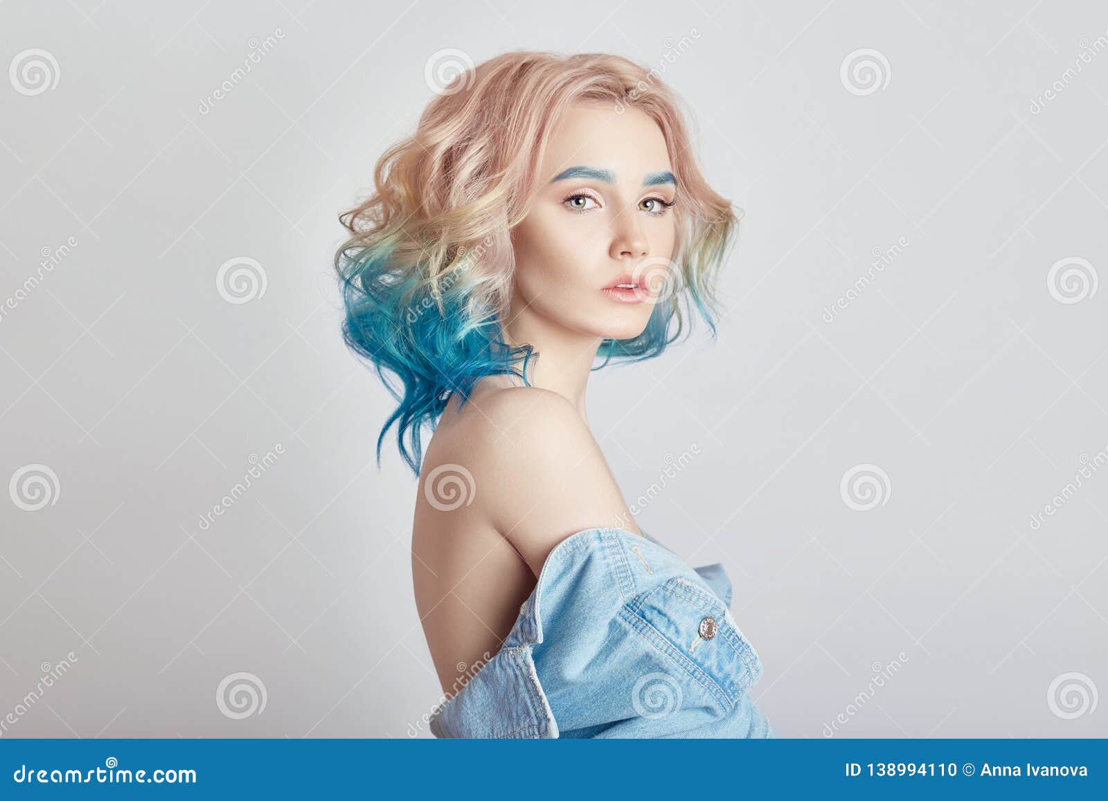 Portrait Woman with Bright Colored Flying Hair, All Shades of Purple Blue. Hair  Coloring, Beautiful Lips and Makeup Stock Photo - Image of hair, colored:  138994110