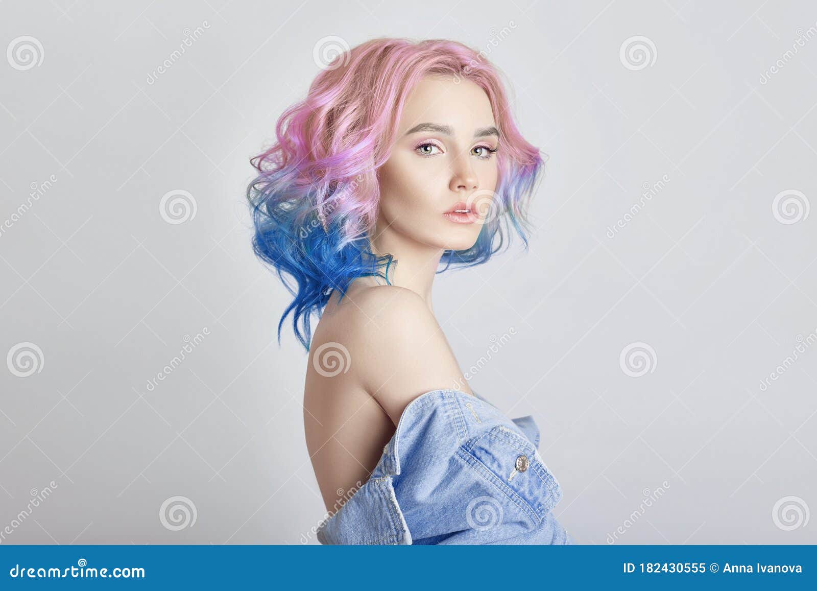 Portrait of a Woman with Bright Colored Flying Hair, All Shades of Purple. Hair  Coloring, Beautiful Lips and Makeup Stock Image - Image of green, coloring:  182430555