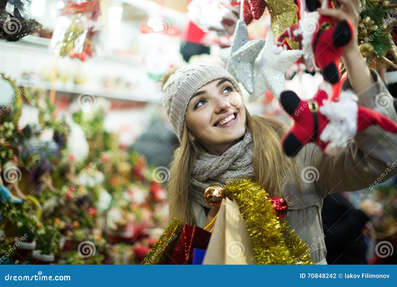 Portrait of Woman in Coat Posing at Xmas Fair in Evening Stock Photo ...