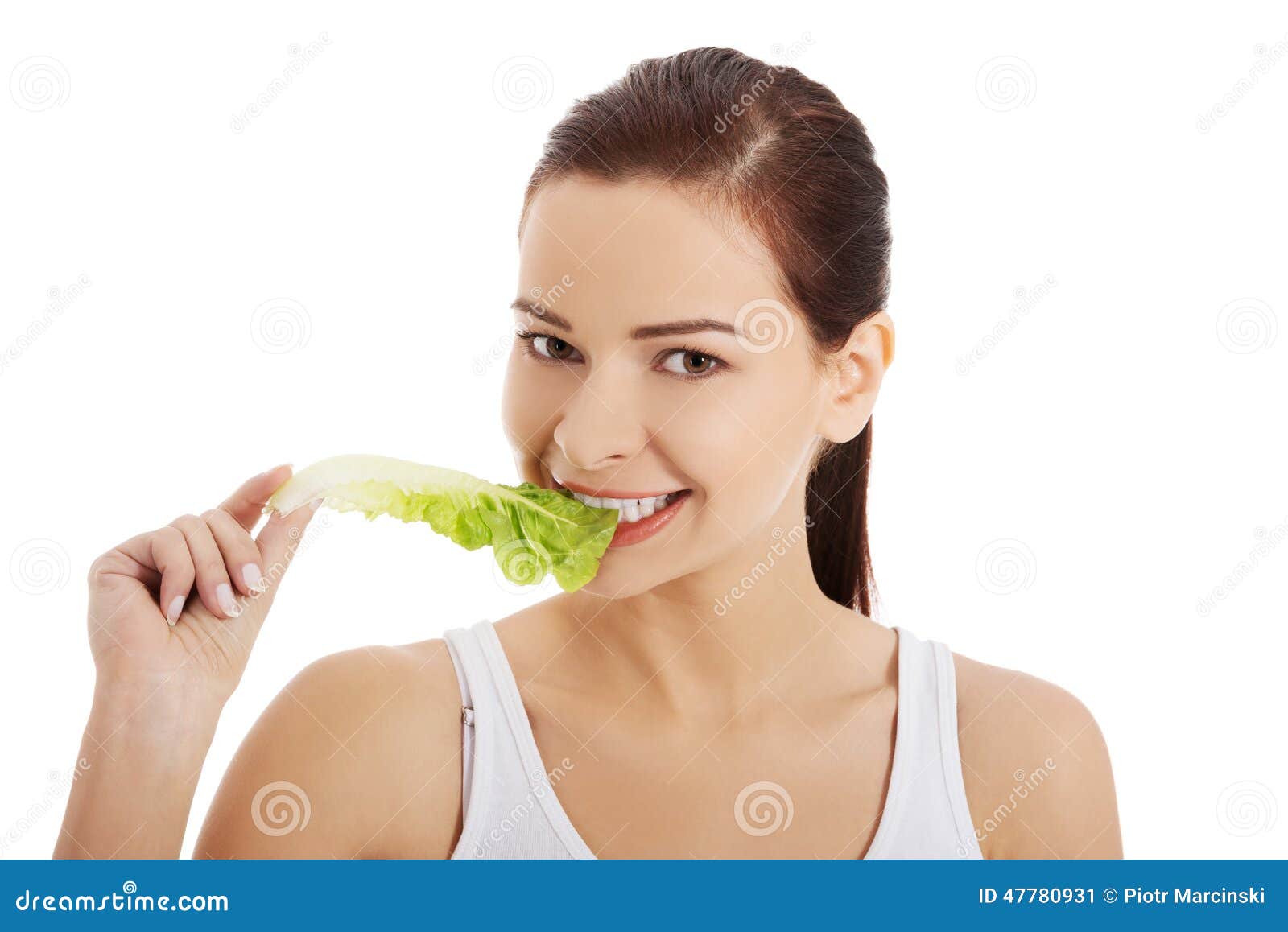 Portrait of a Woman Eating Lettuce Leaf Stock Image Image of