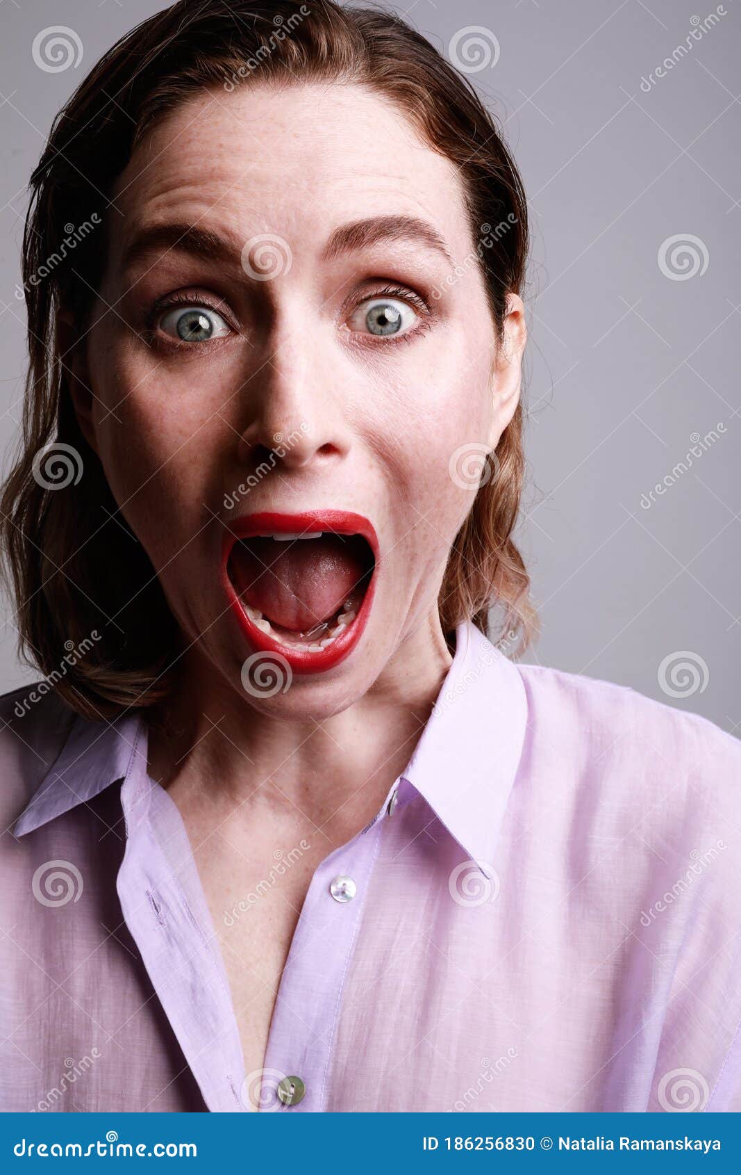 Portrait Woman Looking Shoked Wide Open Mouth Isolated Grey Wall Background Emotion Facial