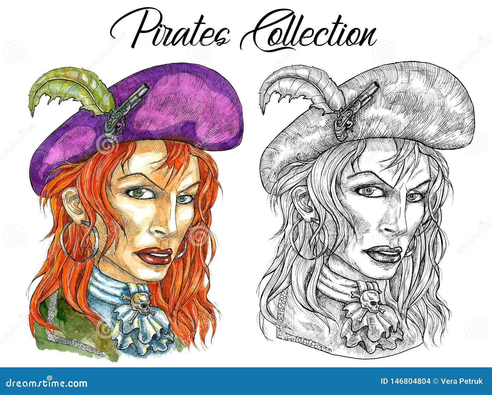portrait of woman pirate captain and silhouette