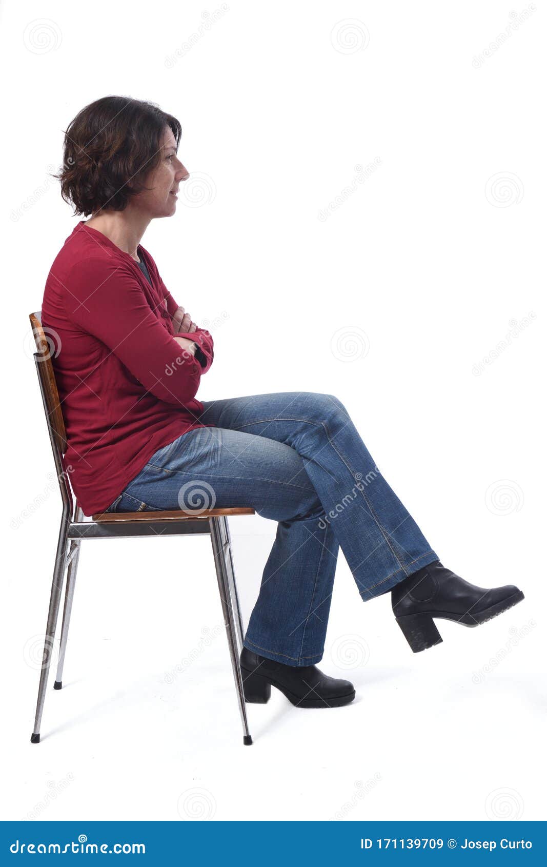 Portrait of a Woman Sitting on a Chair in White Background,look Side Legs  and Arms Crossed Stock Image - Image of happy, caucasian: 171139709