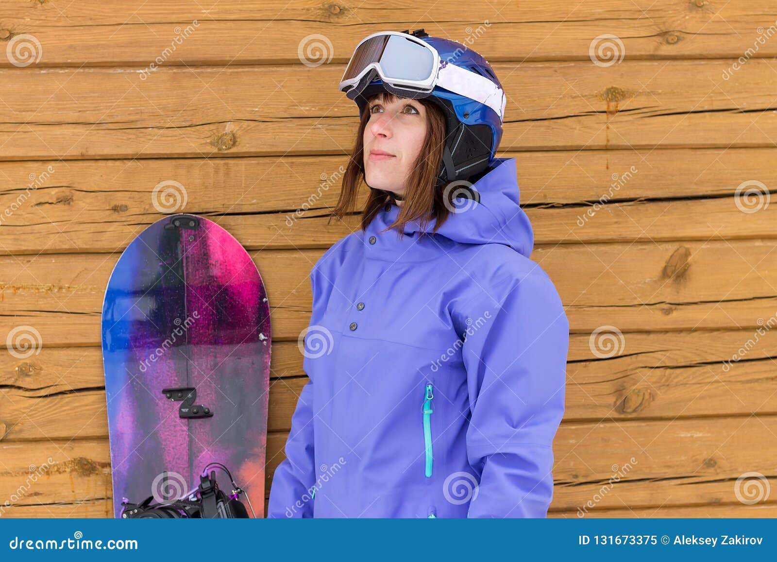 Portrait Woman with Snowboard and Hat and Splitboard Near Wooden Wall ...