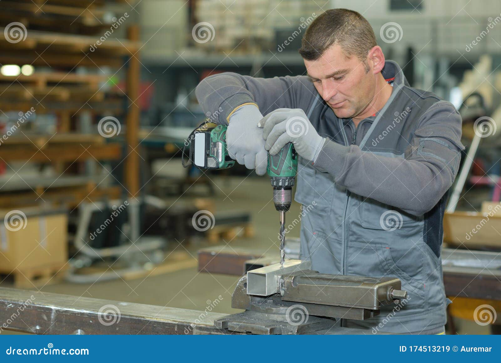 Portrait Worker Drilling Steel Bar Stock Image Image of
