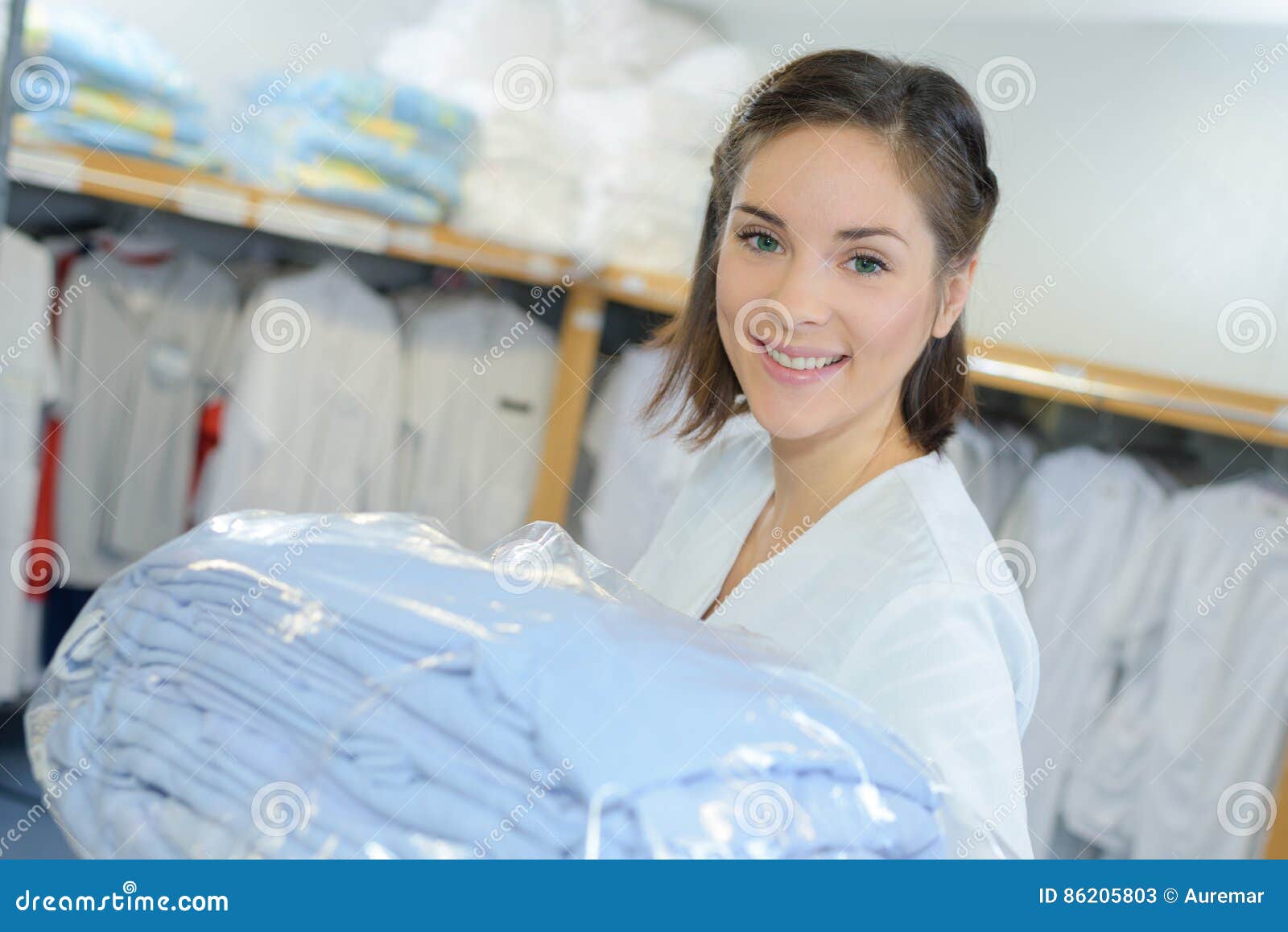 Portrait Worker Putting Away Laundry in Hospital Stock Image Image of