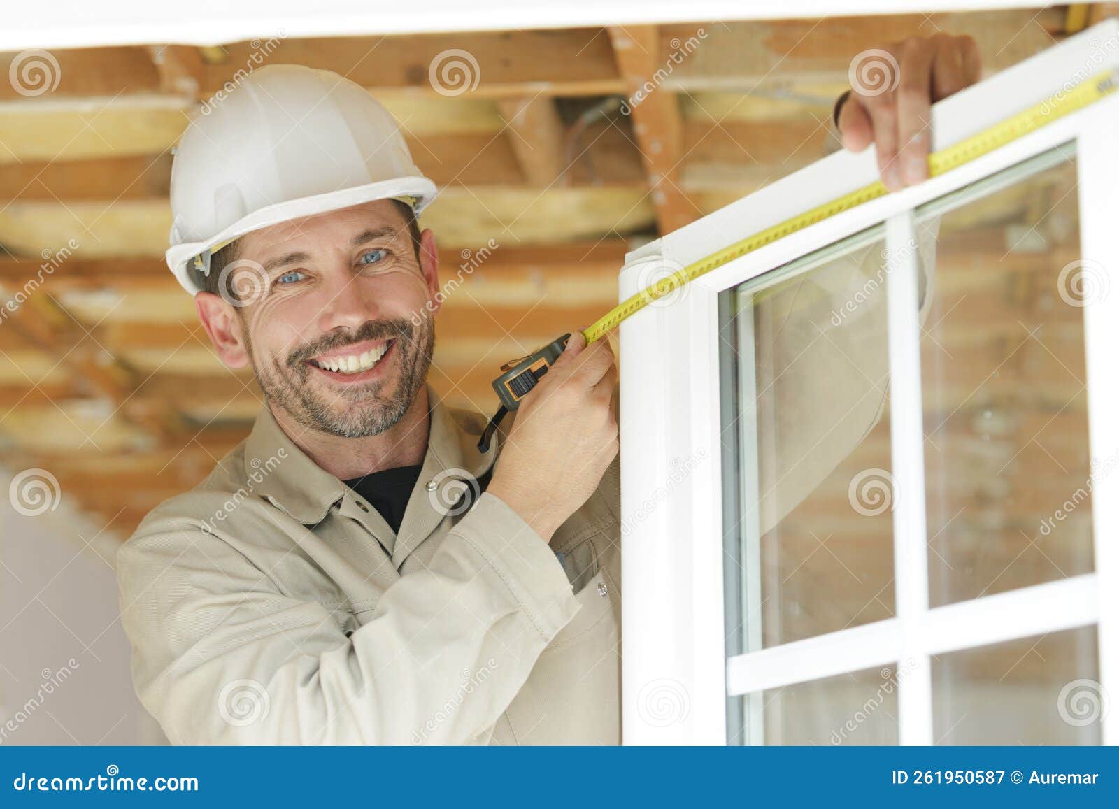 Portrait Workman Measuring Window Stock Image Image of camera