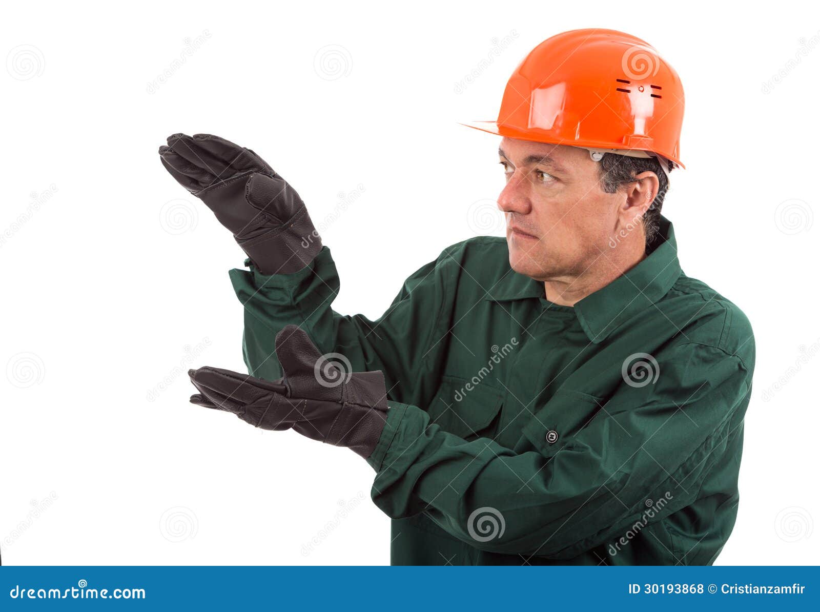 Workman in Overalls and Helmet Showing Different G Stock Photo - Image ...