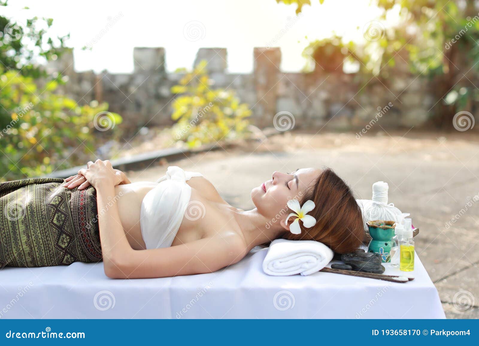 Portrait Young Asian Women Long Hair With White Dress Lying On Bed