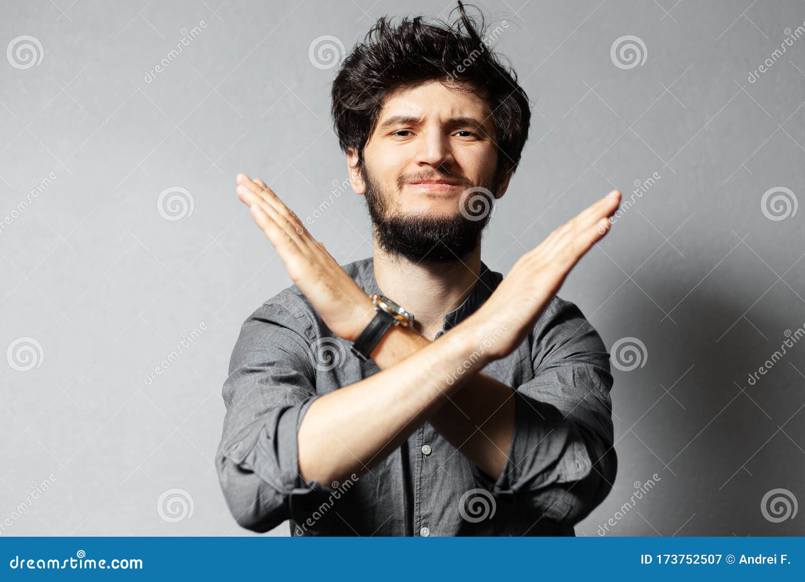 Portrait of Young Bearded Guy with Disheveled Hair, Shows Gesture NO ...
