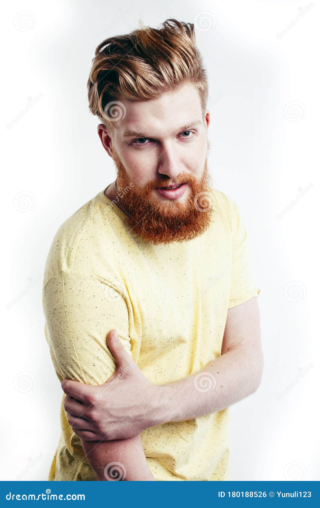 Portrait Of Young Bearded Hipster Guy Smiling On White Background ...