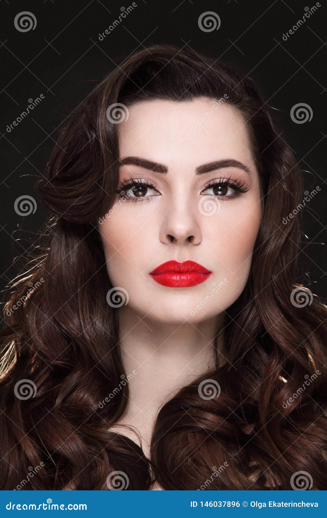 Portrait of Beautiful Brunette with Curly Hair and Red Lipstick Stock Photo  - Image of glamour, care: 146037896