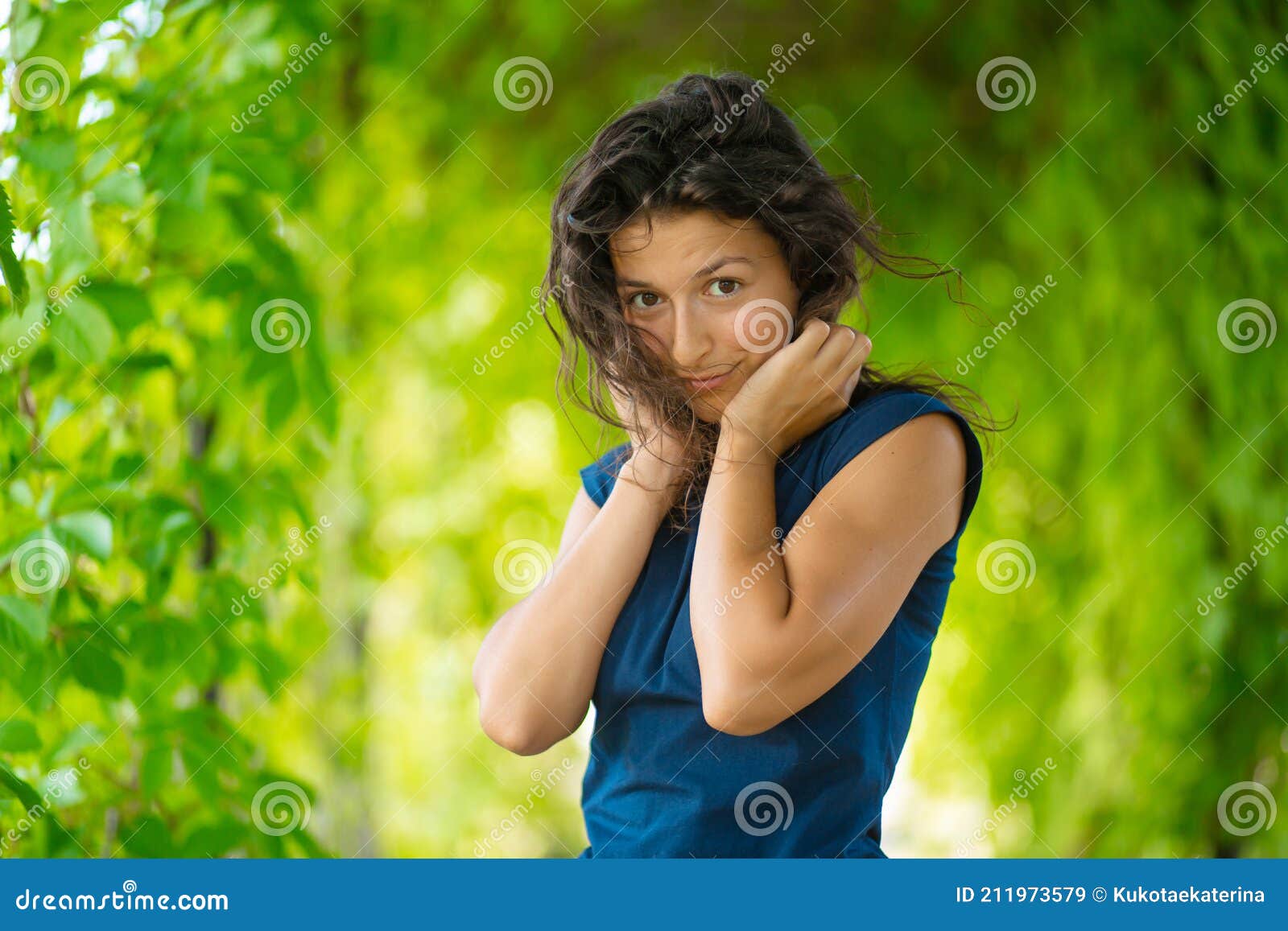 Portrait Of Young Beautiful Brunette Enjoy Walking In Green Summer Park Stock Image Image Of