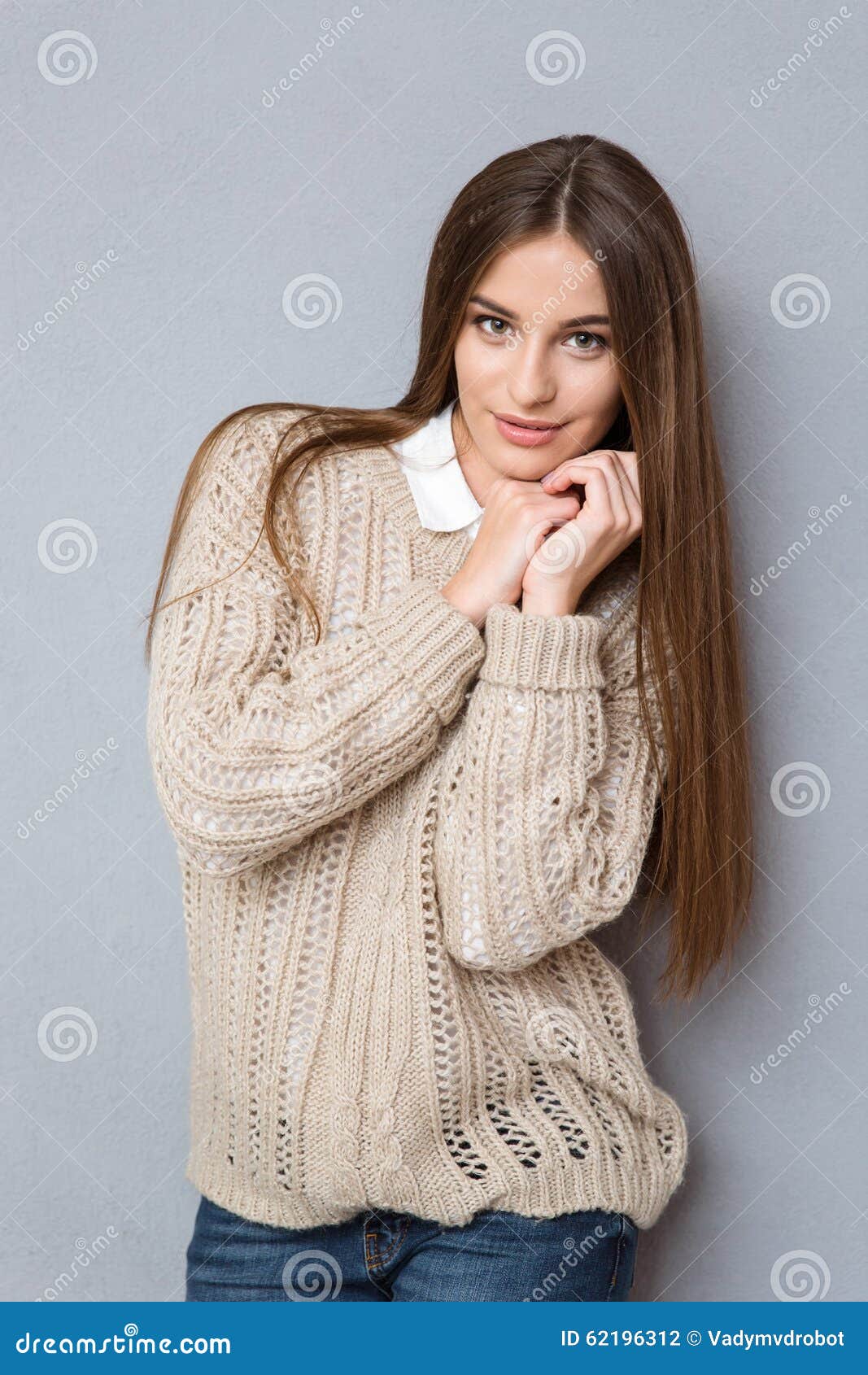 Portrait of Young Beautiful Girl in Knitted Sweater Stock Photo - Image ...