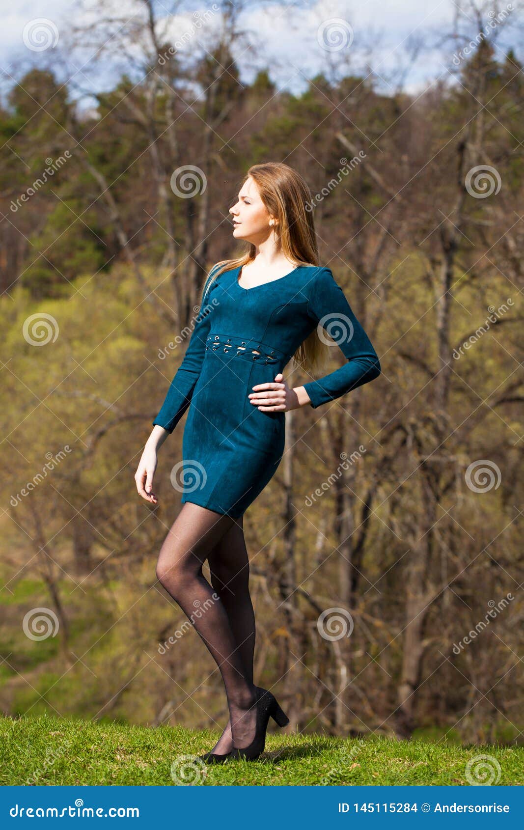 Portrait of a Young Beautiful Girl in Turquoise Dress Stock Photo ...