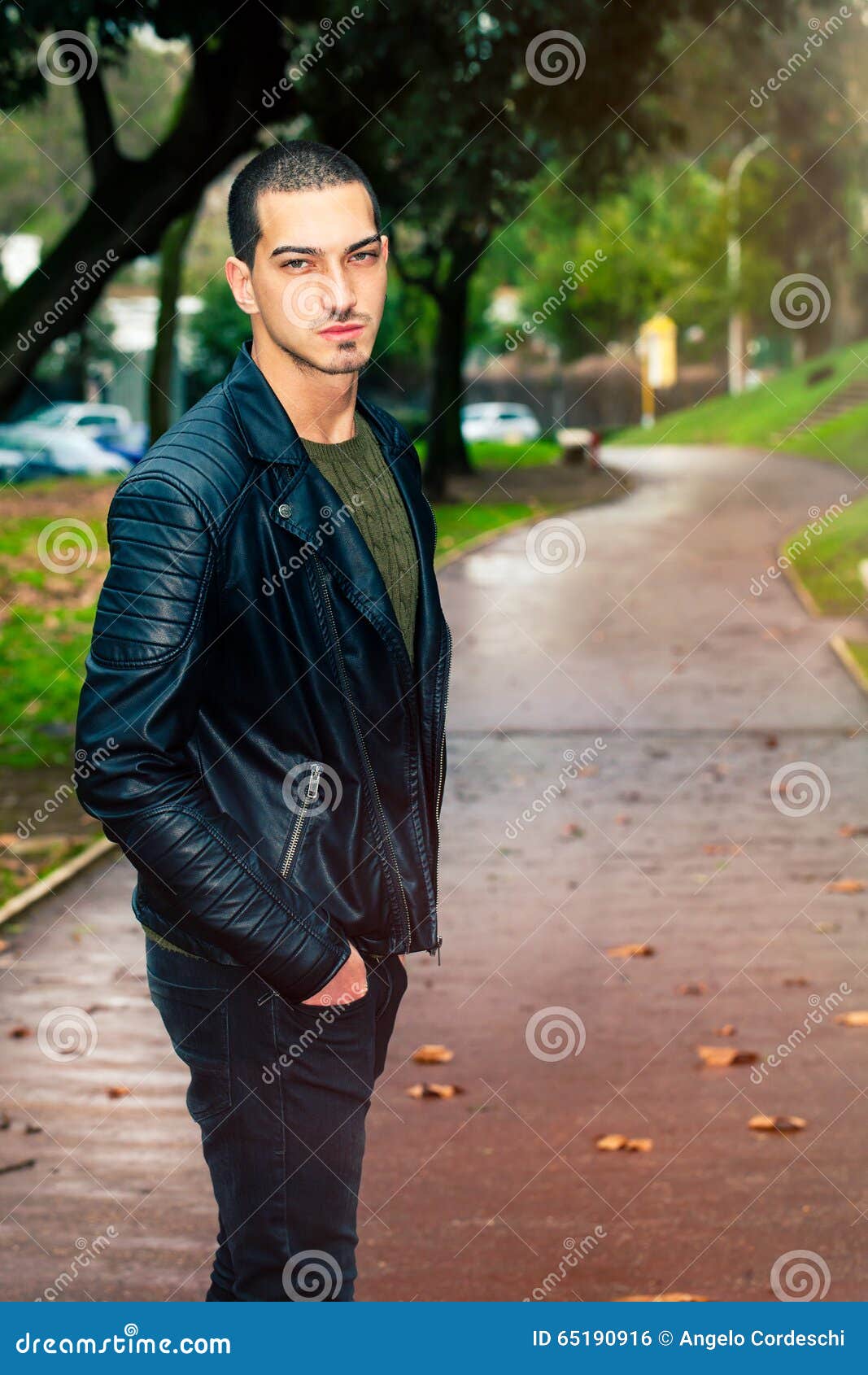 Portrait of Young Beautiful Man Outdoors, Path in the Park Stock Photo ...