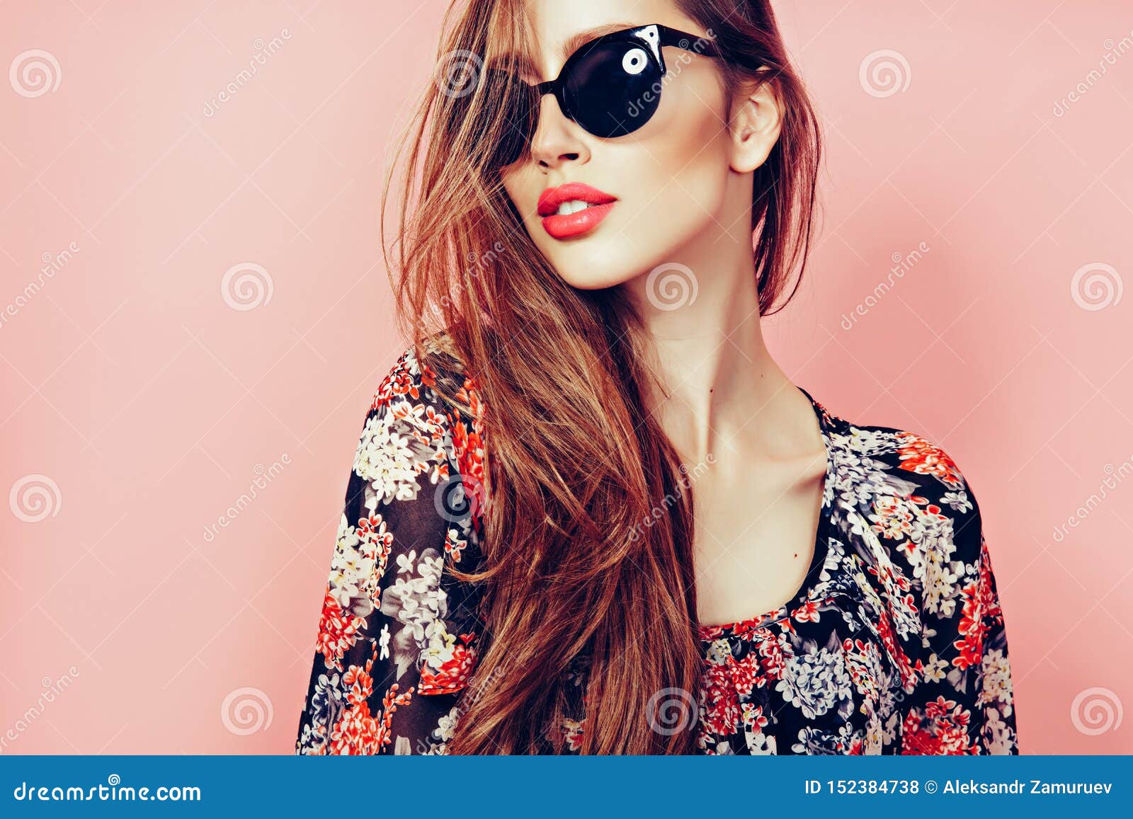 Portrait of Young Beautiful Slim Woman in Dress with Sensual Lips in ...