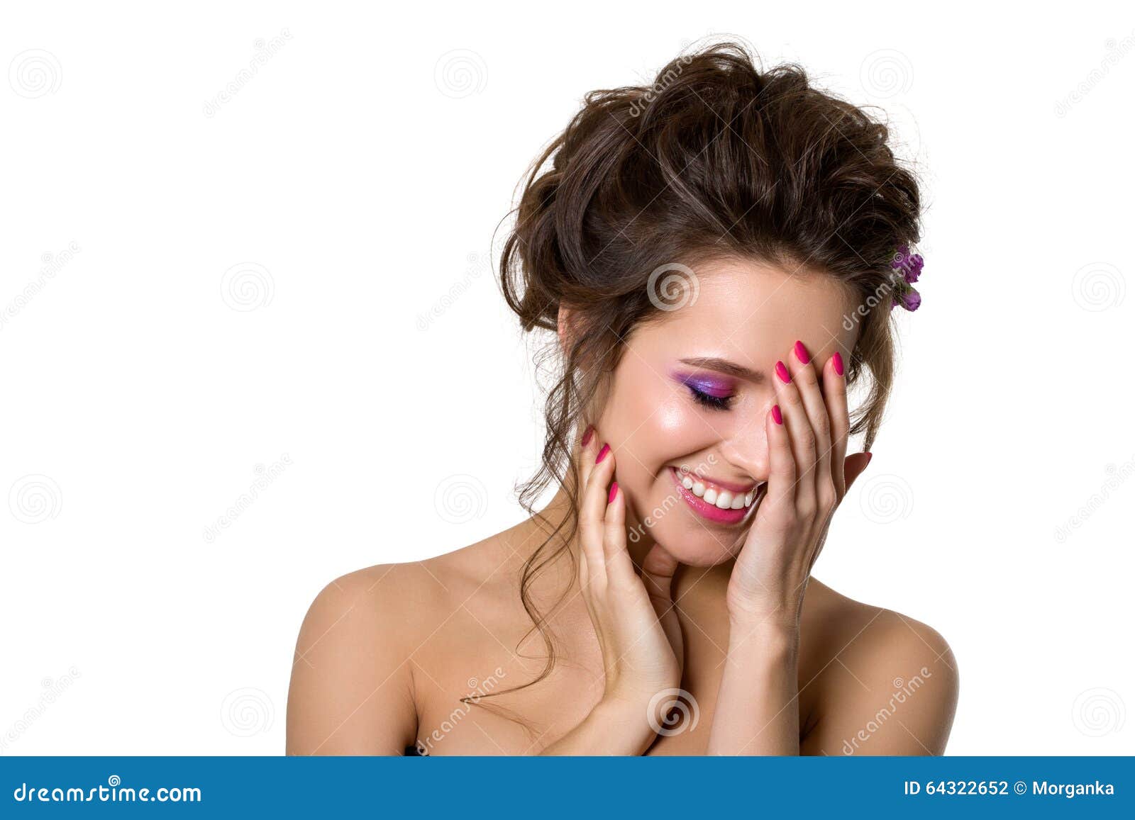 Portrait Of Young Attractive Woman Touching Her Face And 