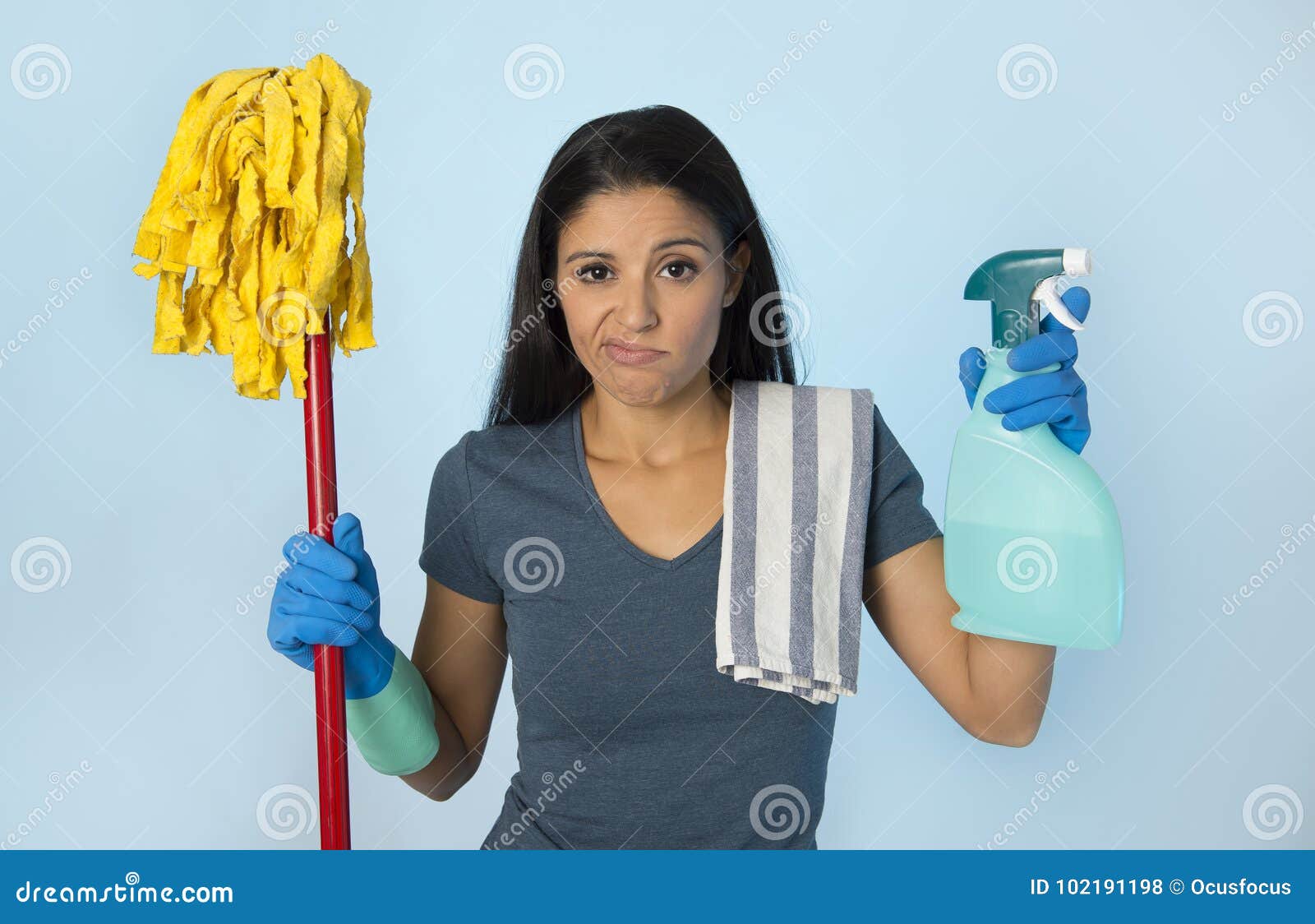 unhappy and frustrated housekeeping woman holding mop and wash s