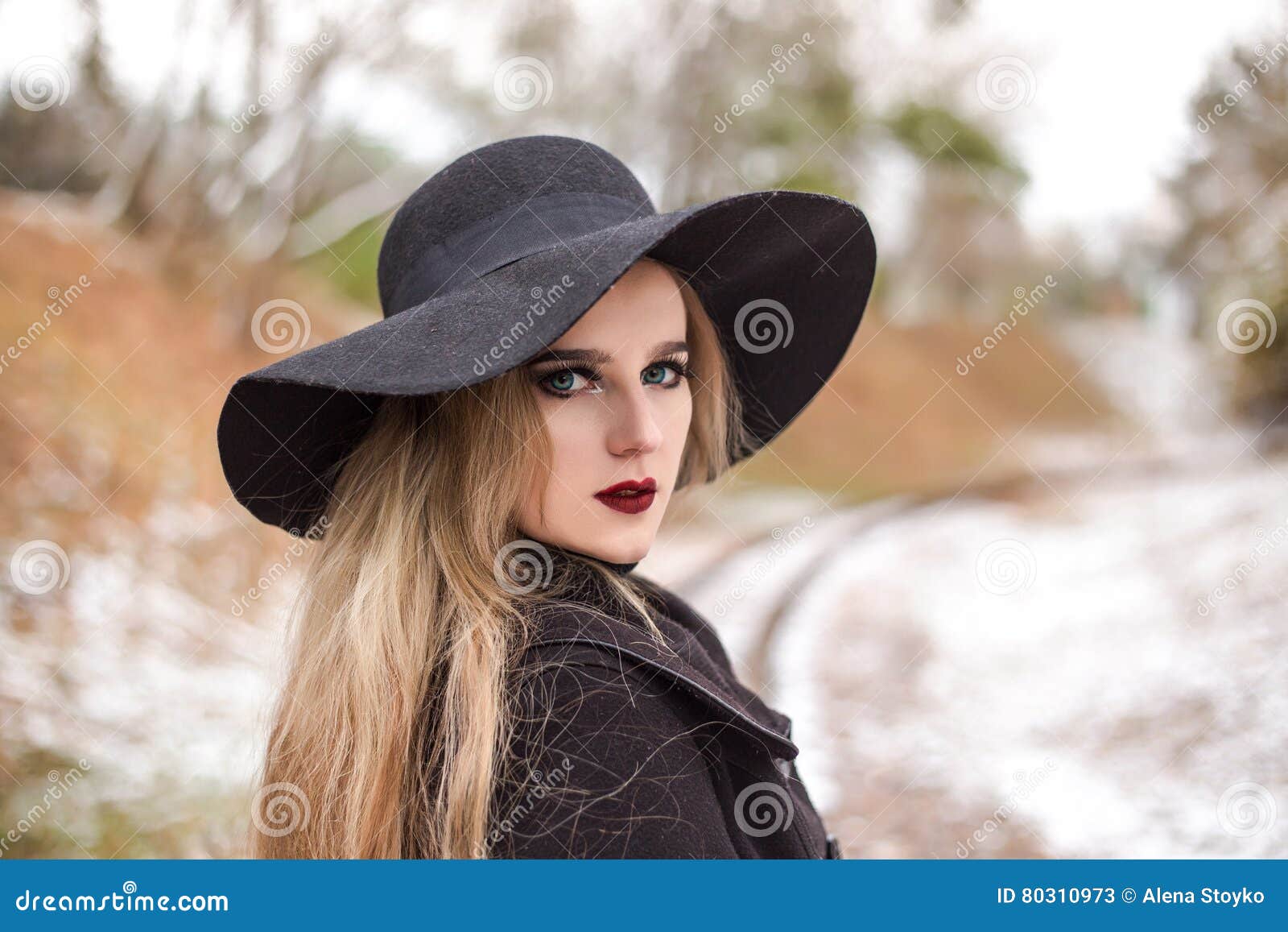 Portrait of a Young Beautiful Woman in Black Hat Retro Style. Stock ...