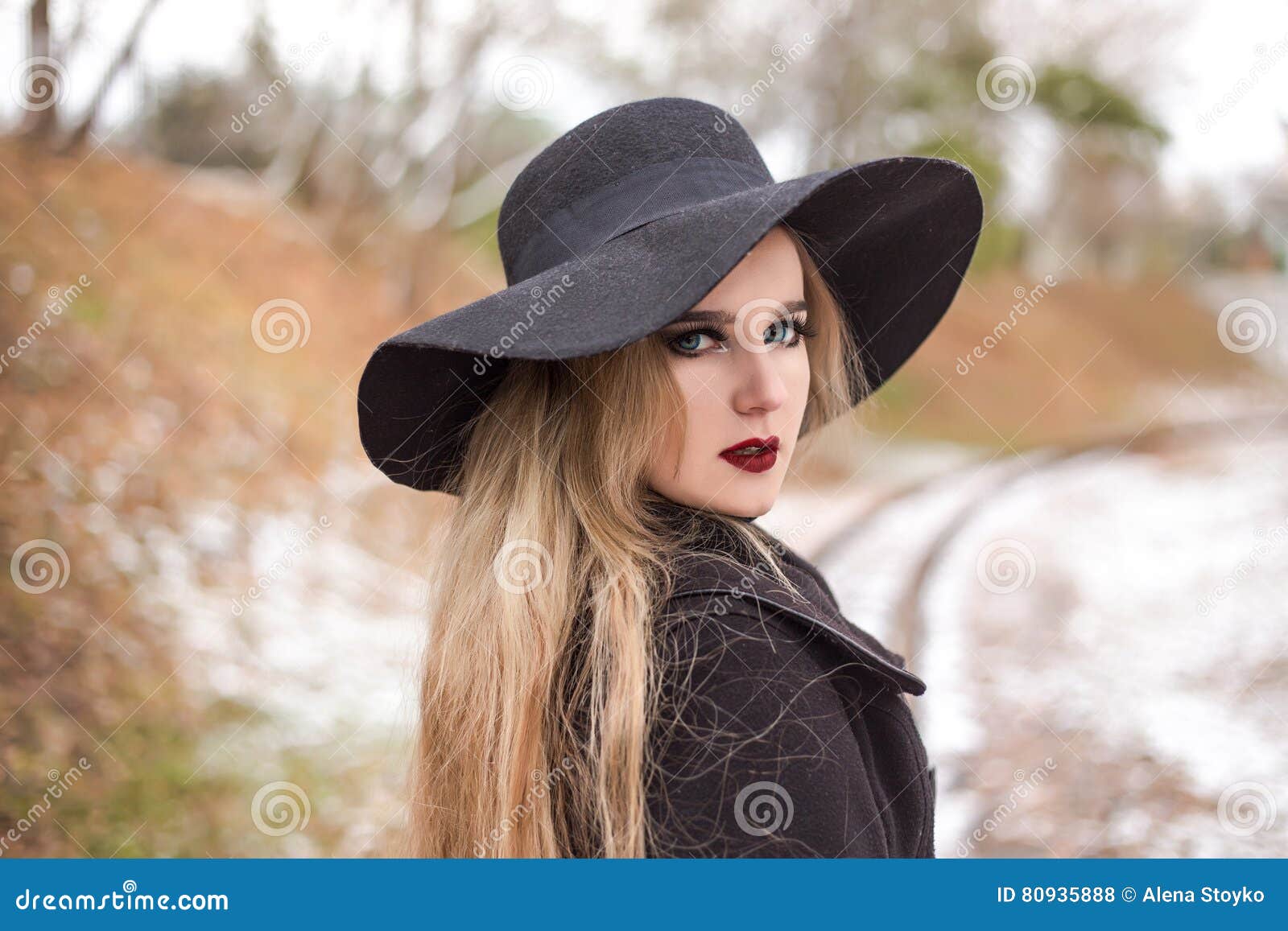 Portrait of a Young Beautiful Woman in Black Hat Retro Style. Stock ...